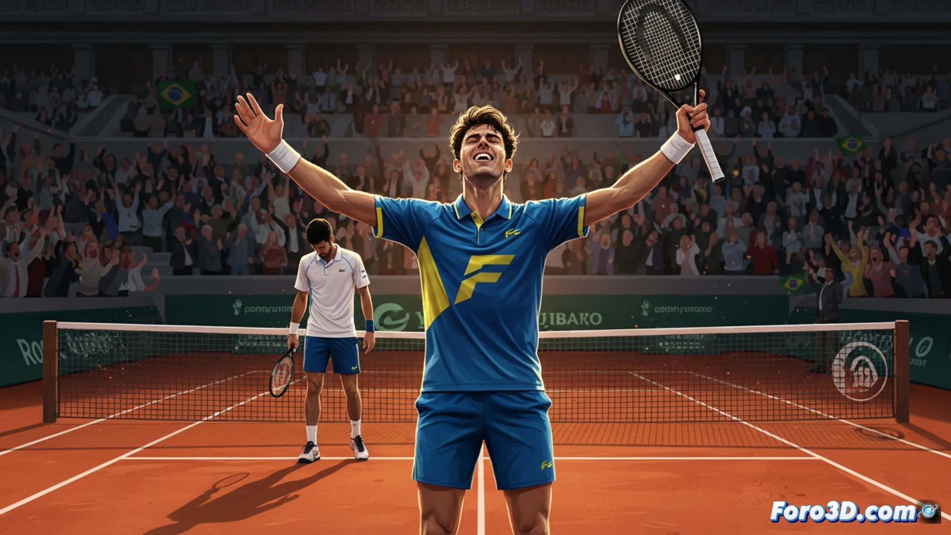 tennis court central Roland Garros clay surface, young player Joao Fonseca celebrating victory with raised fist, Novak Djokovic walking to net with racket lowered, dramatic five-set match aftermath, red clay dust particles suspended in air, stadium crowd standing ovation, overhead floodlights casting strong shadows, photorealistic sports photography style, high contrast lighting, motion freeze on action moment, sweat droplets visible, tension in body language, cinematic wide-angle shot