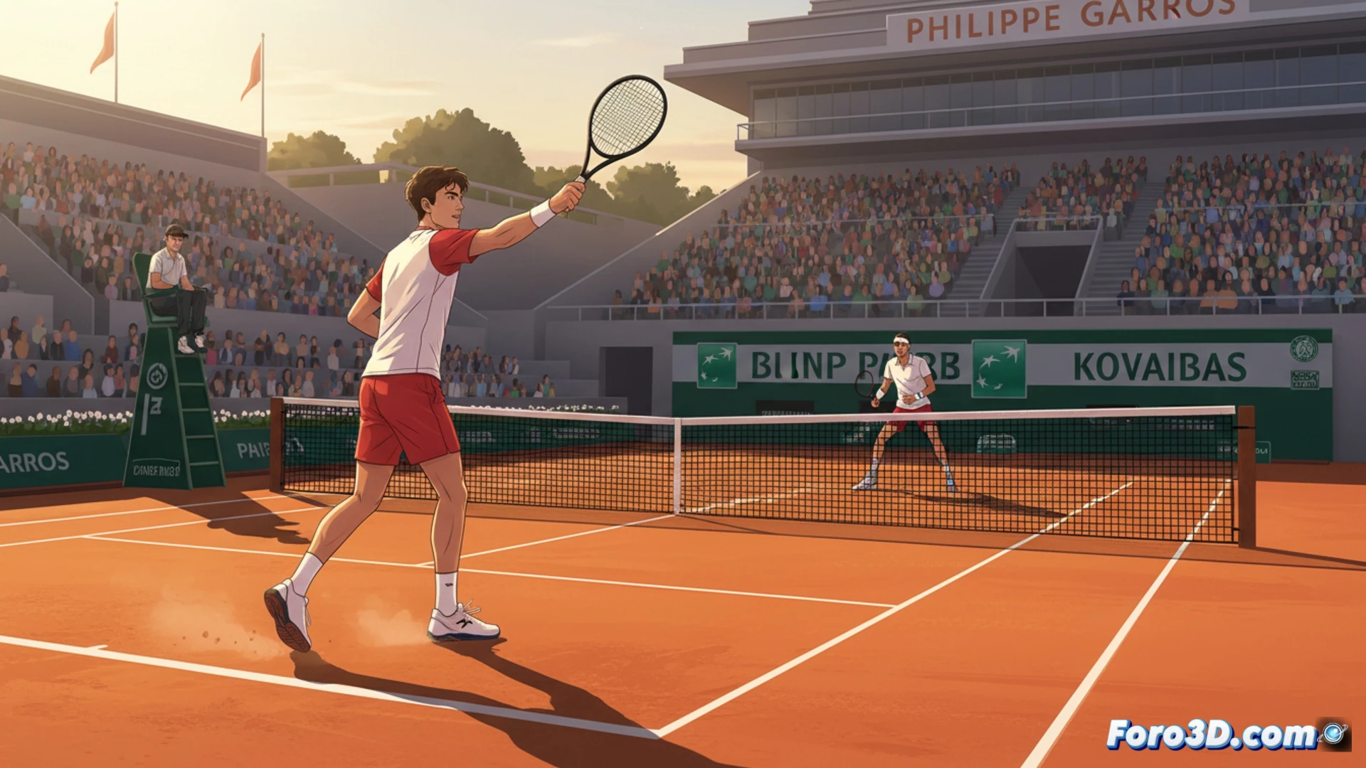 teenage tennis player executing a powerful forehand on red clay court, Roland Garros stadium background with empty stands, opponent visible across net mid-swing, ball trajectory showing topspin motion blur, racket strings vibrating on impact, clay particles spraying from footwork, bright sunlight casting sharp shadows, net tension cables in focus, court line markings crisp, photorealistic sports photography style, cinematic action shot, high-speed shutter effect freezing motion, dramatic depth of field, professional tournament lighting