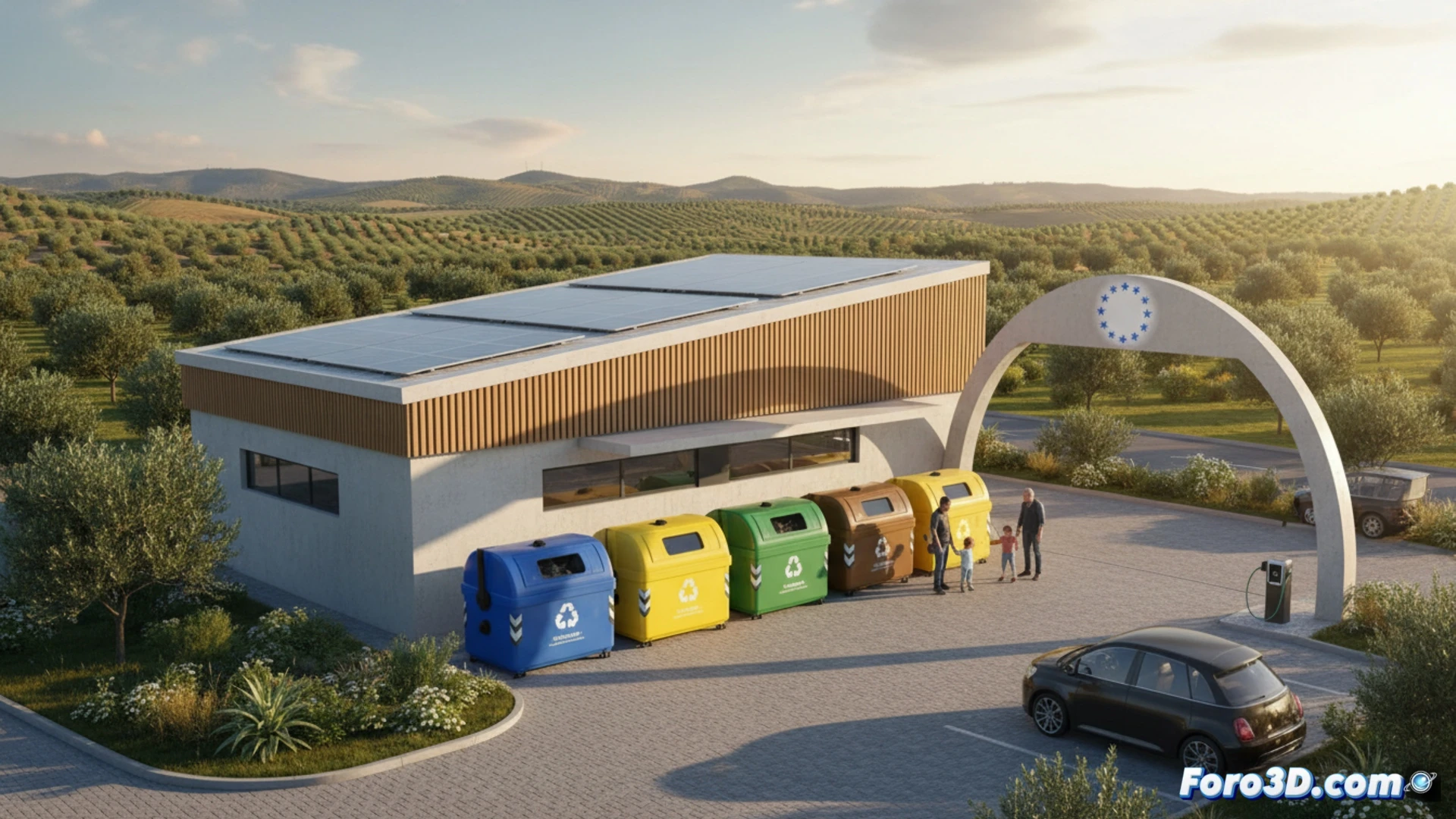 Imagen de un moderno punto limpio en Jódar, Jaén, con contenedores de reciclaje coloridos y fondos europeos, simbolizando sostenibilidad y hábitos responsables.