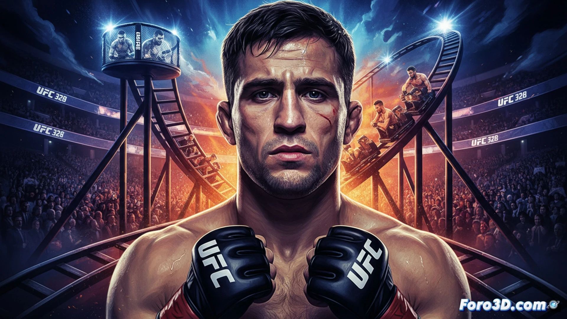 Joel Álvarez, sereno, observa a Amosov en el octágono bajo luces de UFC 328, reflejando su montaña rusa emocional.