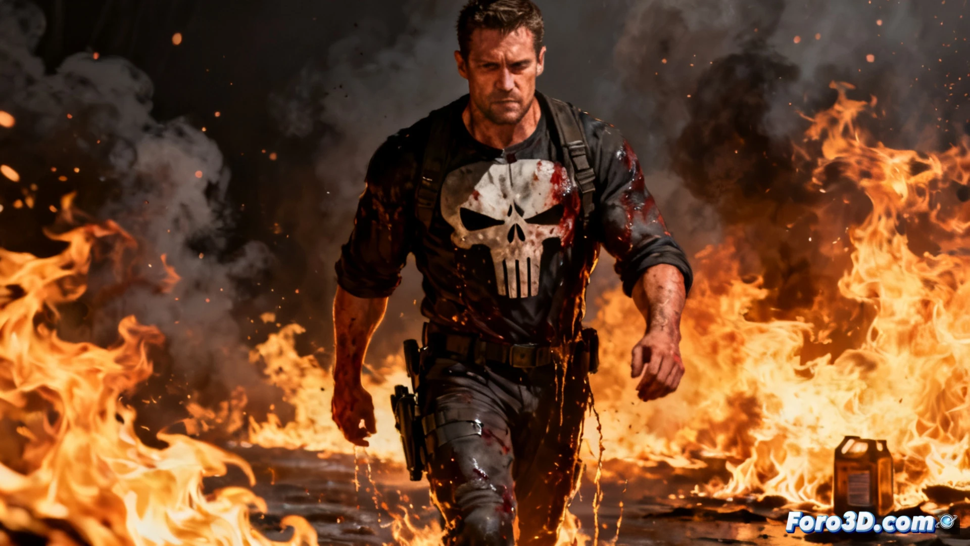 Jon Bernthal como Frank Castle camina entre llamas reales en un edificio en ruinas, con gasolina y humo denso.