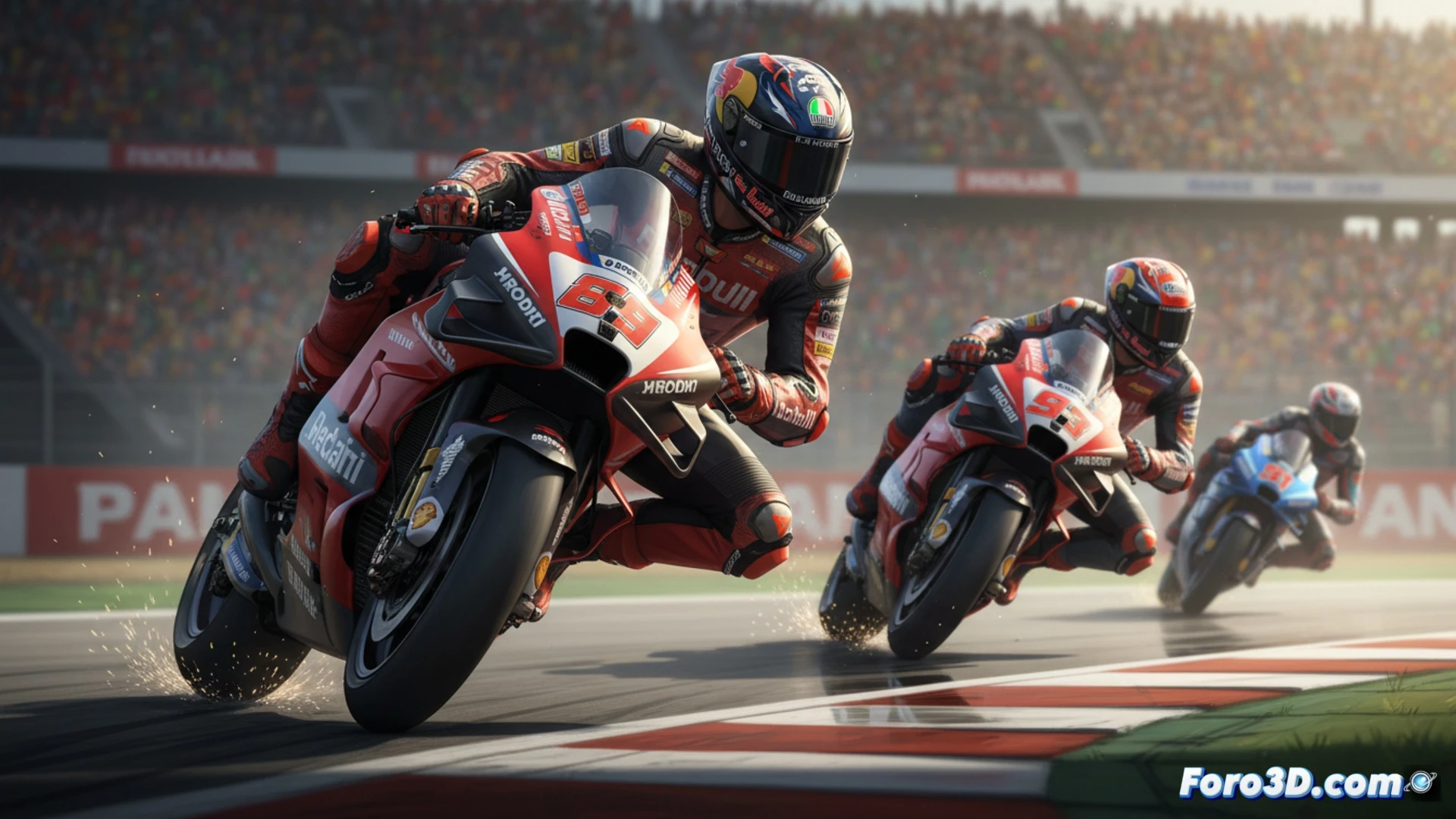 Jorge Martín en Ducati lidera MotoGP 2026 en Le Mans, con curva cerrada y banderas ondeando al fondo.