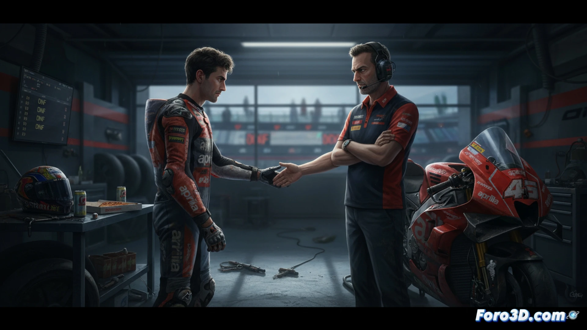 Aprilia pit garage chaos, Jorge Martín in full racing suit pushing Paolo Bonora against a carbon-fiber workbench, red bull decals on toolboxes in background, RS-GP motorcycle partially disassembled with exposed wiring harness, crash-damaged front fairing on floor, telemetry laptop screen showing lap time data, pit crew members frozen in shock, harsh fluorescent garage lighting casting dramatic shadows, sweat on Martín’s face, Bonora’s hand raised in defensive gesture, photorealistic motorsport documentary style, high contrast industrial tones, ultra-detailed mechanical components, cinematic motion freeze-frame
