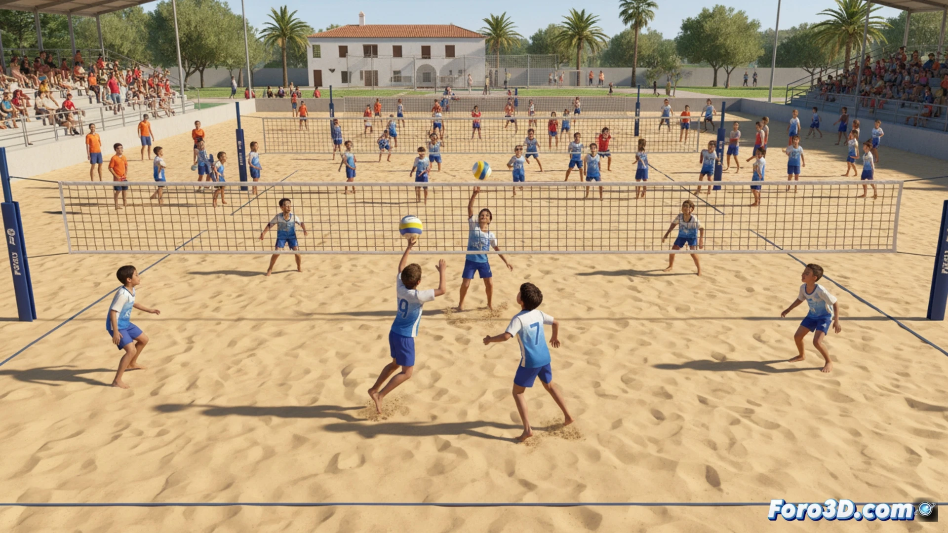 jornada de voley playa escolar, mas de 150 alumnos en canchas de arena del polideportivo Rivas Moreno, adolescentes saltando para rematar el balon mientras otros defienden en red, ambiente distendido con equipos de diferentes centros educativos compitiendo, sol brillante del mediodia creando sombras marcadas sobre la arena, fondo con gradas y arboles del municipio de Miguelturra, movimiento congelado de balon en el aire y brazos extendidos, photorealistic deportivo, iluminacion natural vibrante, alta definicion tecnica, estilo cinematico documental