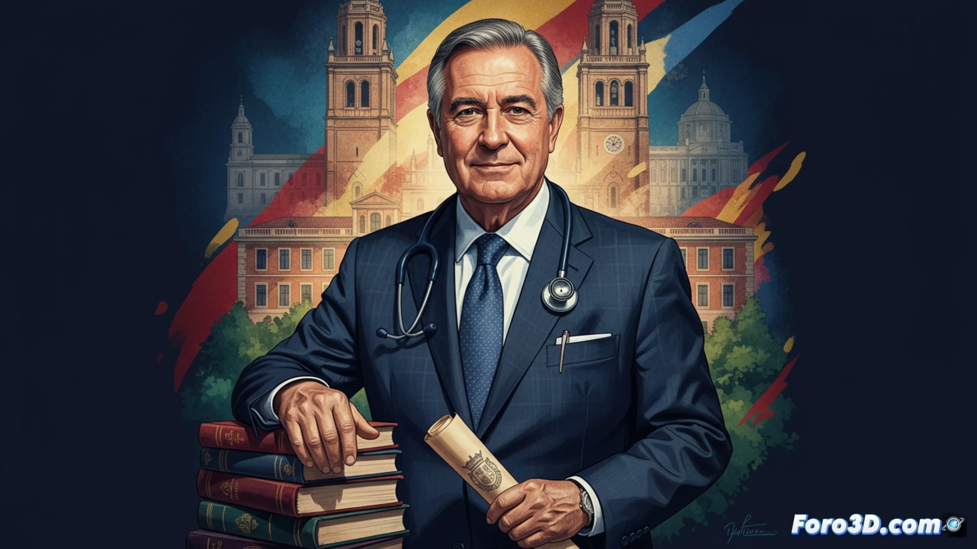 Retrato serio de José Ballesta, con traje oscuro y corbata azul, ante el escudo de Murcia, simbolizando su legado como alcalde médico.