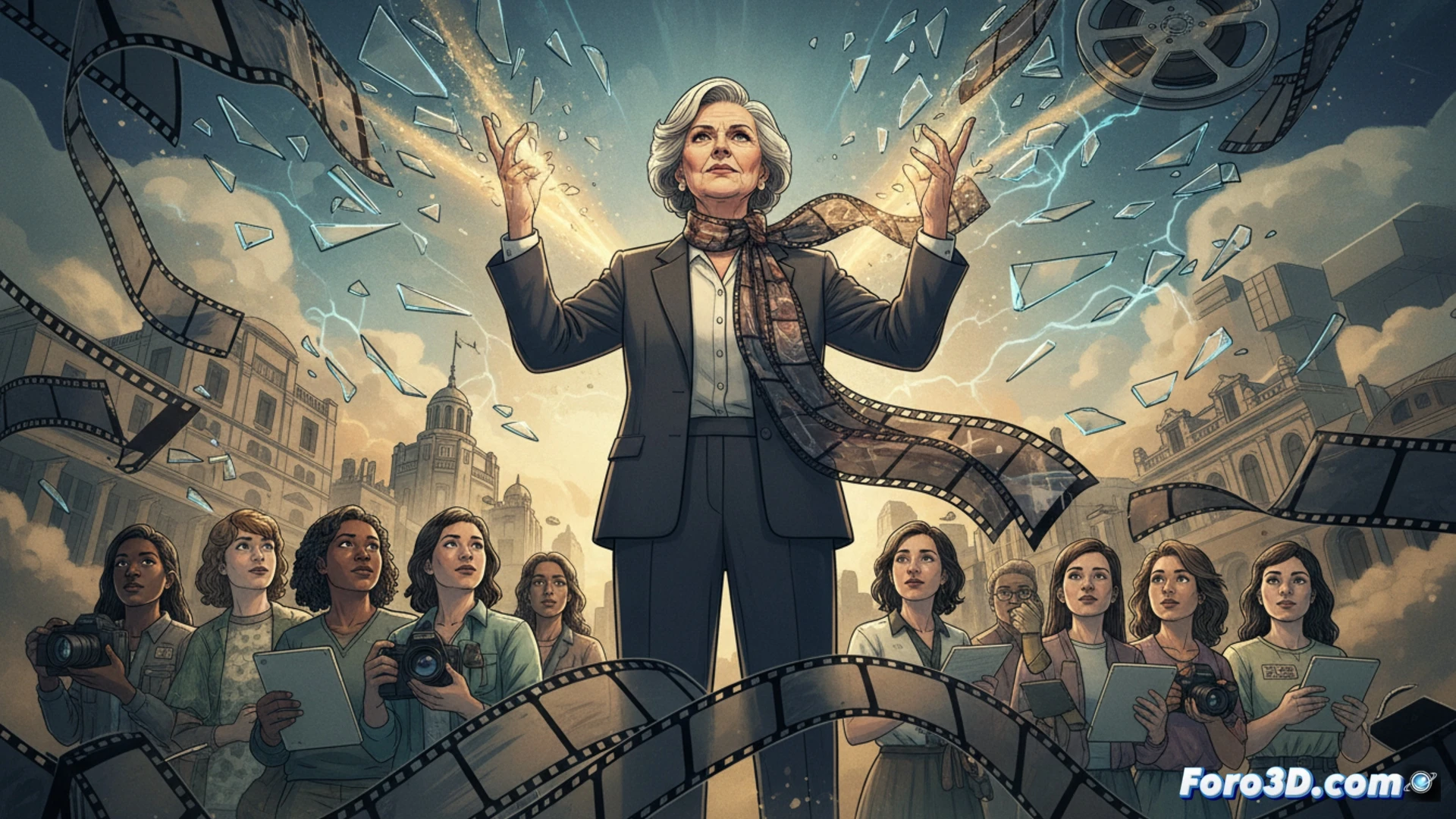 Josefina Molina stands behind a vintage 16mm film camera in a 1970s film set, her hands adjusting the lens focus while a clapperboard with visible slate lines is held by an assistant. Around her, male crew members operate boom microphones and lighting equipment, but she commands the scene with authority. The camera points toward a female actress in period costume, standing under a spotlight. Cinematic photorealistic style, warm amber and teal lighting, film grain texture, 35mm anamorphic lens flare, deep shadows in the background, highlighting Molina as the only woman directing the technical process, medium shot capturing her concentrated expression and the mechanical details of the camera rig.