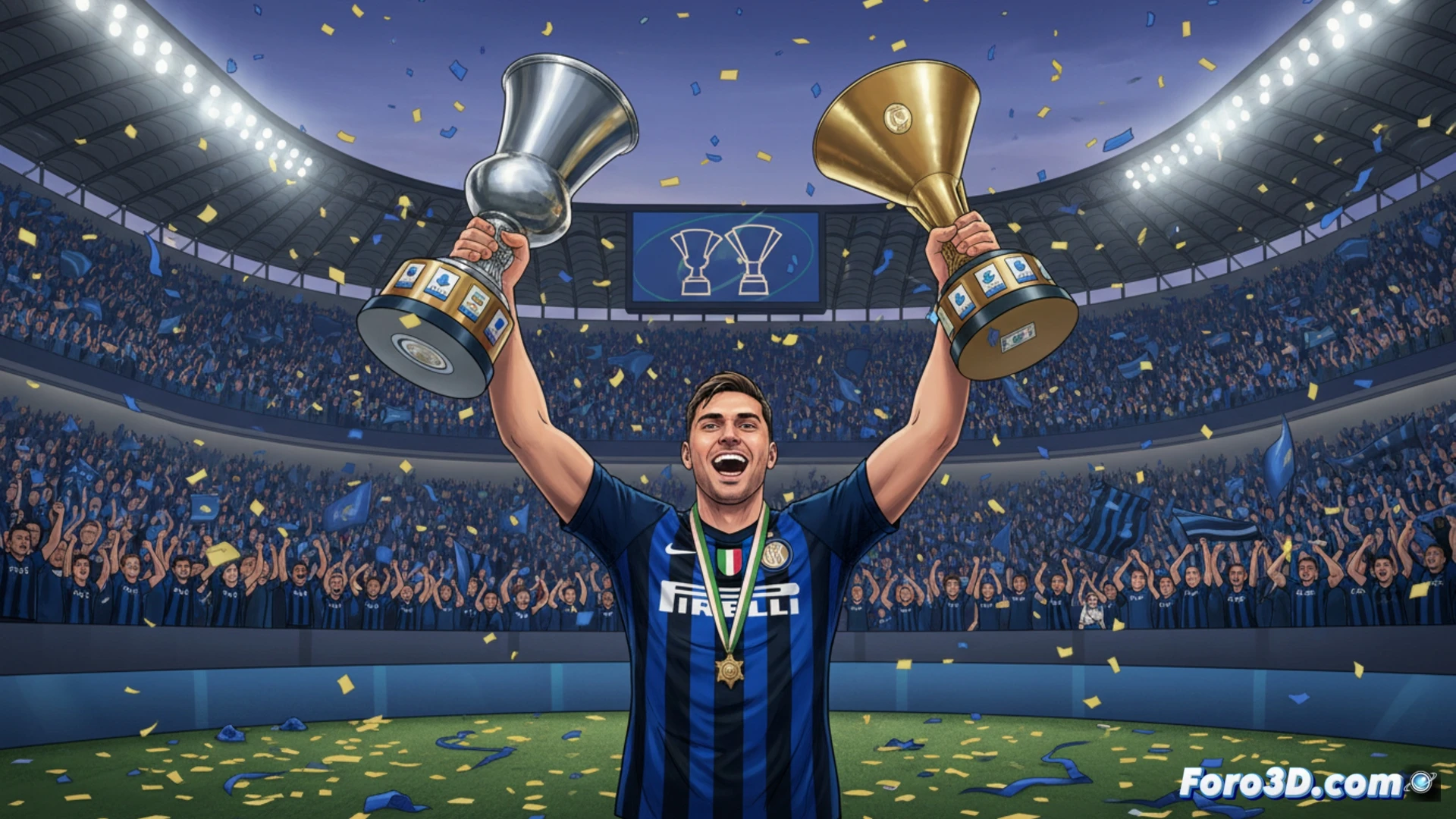 Josep Martínez, portero alzireño, alza la Coppa Italia y el escudo del Inter tras ganar el doblete en Milán.