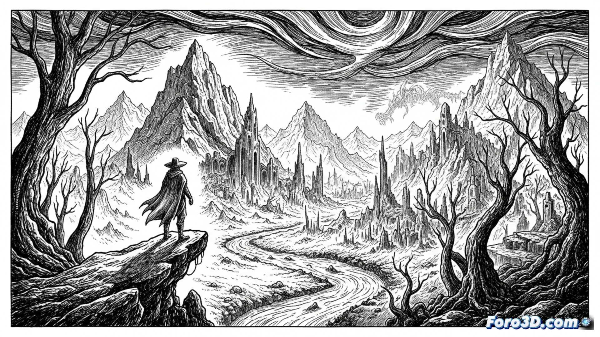 black ink illustration of a solitary figure standing on a crumbling stone bridge overlooking a colossal ruined cathedral in a dark fantasy landscape, artist hand holding a traditional crowquill dip pen while crosshatching shadows into a massive arched window, technical pen nibs and ink bottles scattered on a wooden drafting table in foreground, cinematic black and white visualization, dramatic chiaroscuro lighting, ultra-detailed feathering and stippling textures, deep atmospheric fog creeping between colossal pillars, silent eerie mood, photorealistic ink-on-paper render