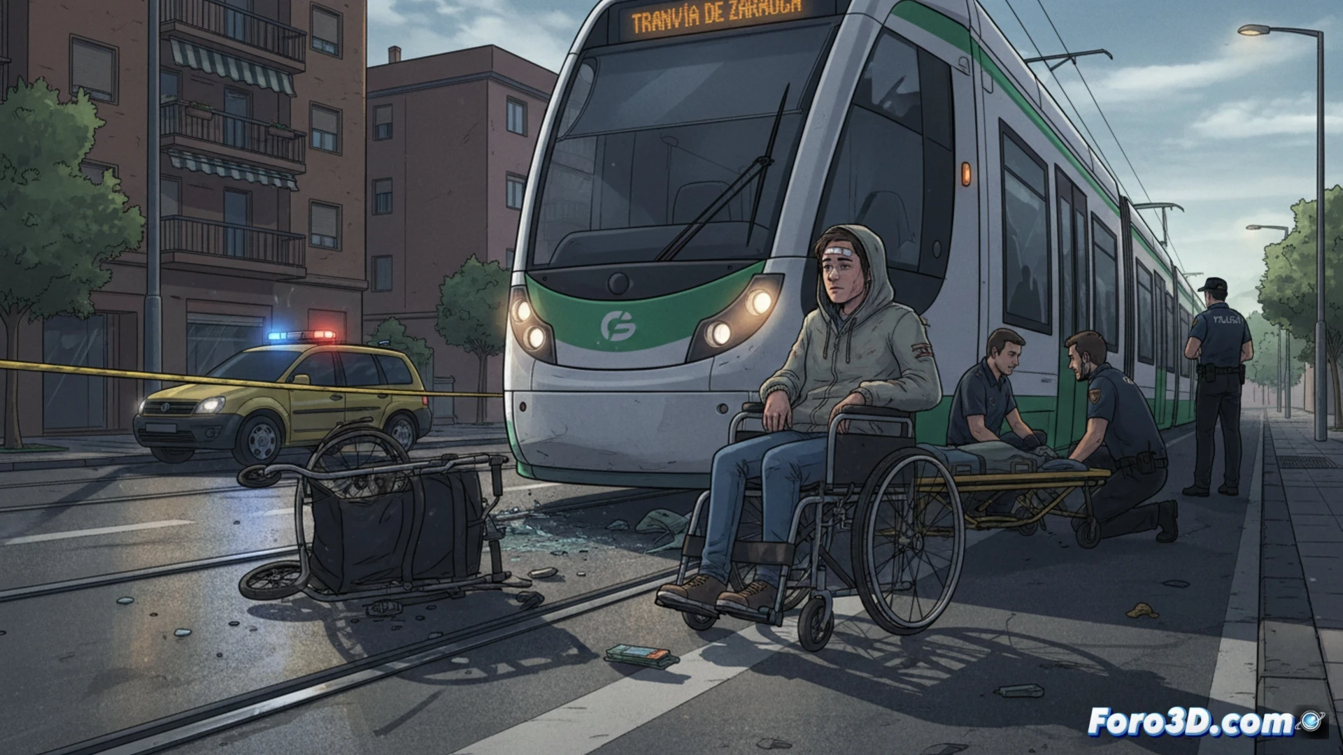 young man in wheelchair near tram tracks at Parque Goya station, tram approaching at low speed, impact moment with wheelchair tipping sideways, wheel tangled under tram front bumper, emergency brake sparks visible from wheels, concrete platform edge, safety yellow line on ground, morning overcast light, cinematic photorealistic style, wide angle shot capturing tram front and wheelchair collision, motion blur on tram wheels, realistic urban scene, technical accident reconstruction visualization