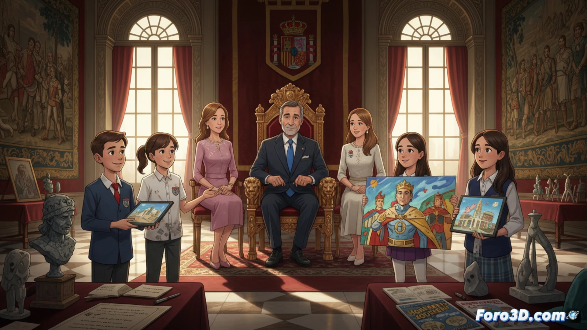 Jóvenes creadores presentan sus obras al Rey en audiencia oficial del concurso escolar.