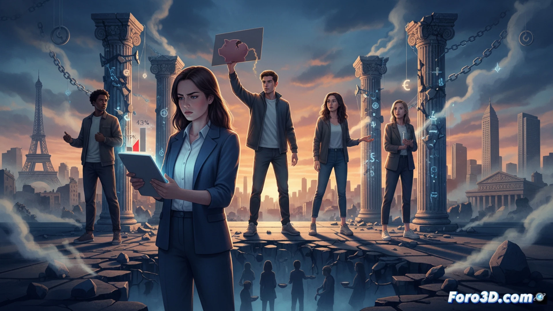 photorealistic wide shot of a diverse group of young European professionals aged 20-35 gathered around a large digital touchscreen table, showing a collapsing pension pyramid chart with red downward arrows, one woman gesturing at a tablet displaying a reform proposal document, another man holding a smartphone showing a savings app with negative balance, crumpled paper pension statements scattered on the floor, dramatic overhead lighting casting long shadows, modern glass office interior, frustrated body language, intense discussion, technical illustration style, ultra-detailed facial expressions, cinematic color grading with cold blue and amber tones