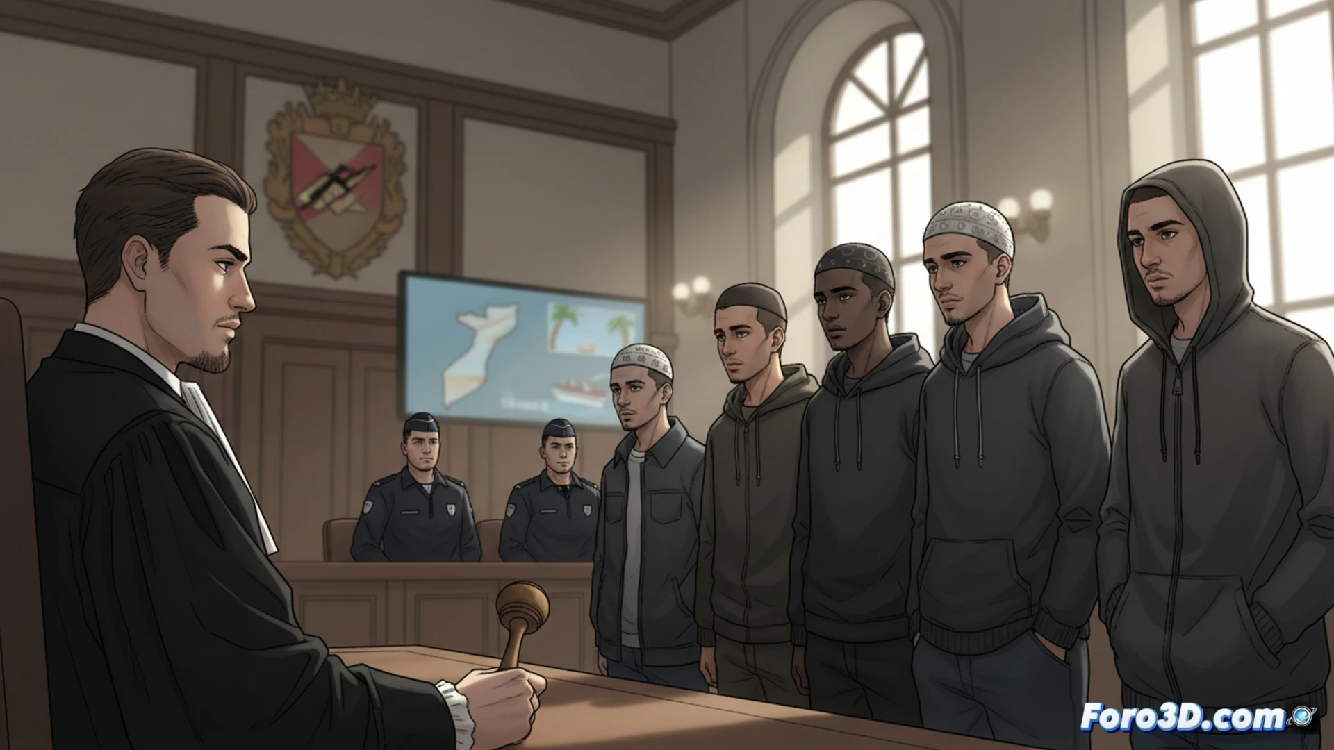 Young french men in dark clothing huddled around a digital map of Mozambique on a laptop screen, one hand pointing at Cabo Delgado region while another holds a smartphone showing encrypted messaging app, passports and flight tickets visible on table, tactical backpacks packed with camping gear nearby, dim blue light from computer screen illuminating faces, surveillance camera lens reflection in window, cinematic photorealistic style, tense atmosphere, technical investigation scene, high contrast shadows