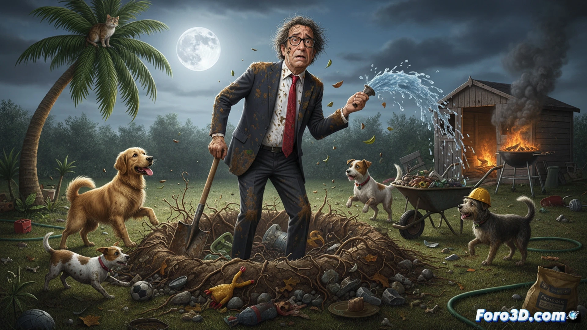 Juan y Medio, con pala y sudor, entierra un perro bajo un cielo gris, mientras un caos de amigos y enredos lo rodea.