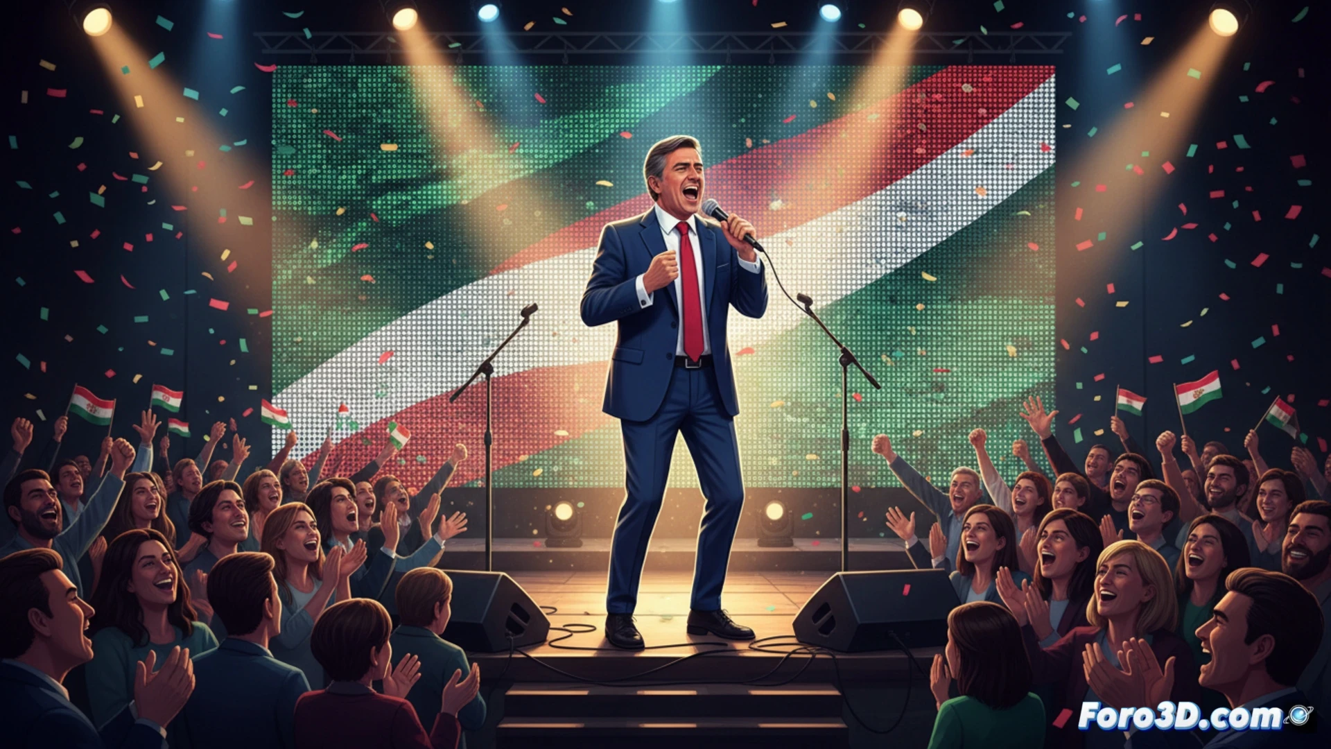Juanma Moreno canta en un escenario iluminado, micrófono en mano, con fondo de banderas andaluzas y público animado.