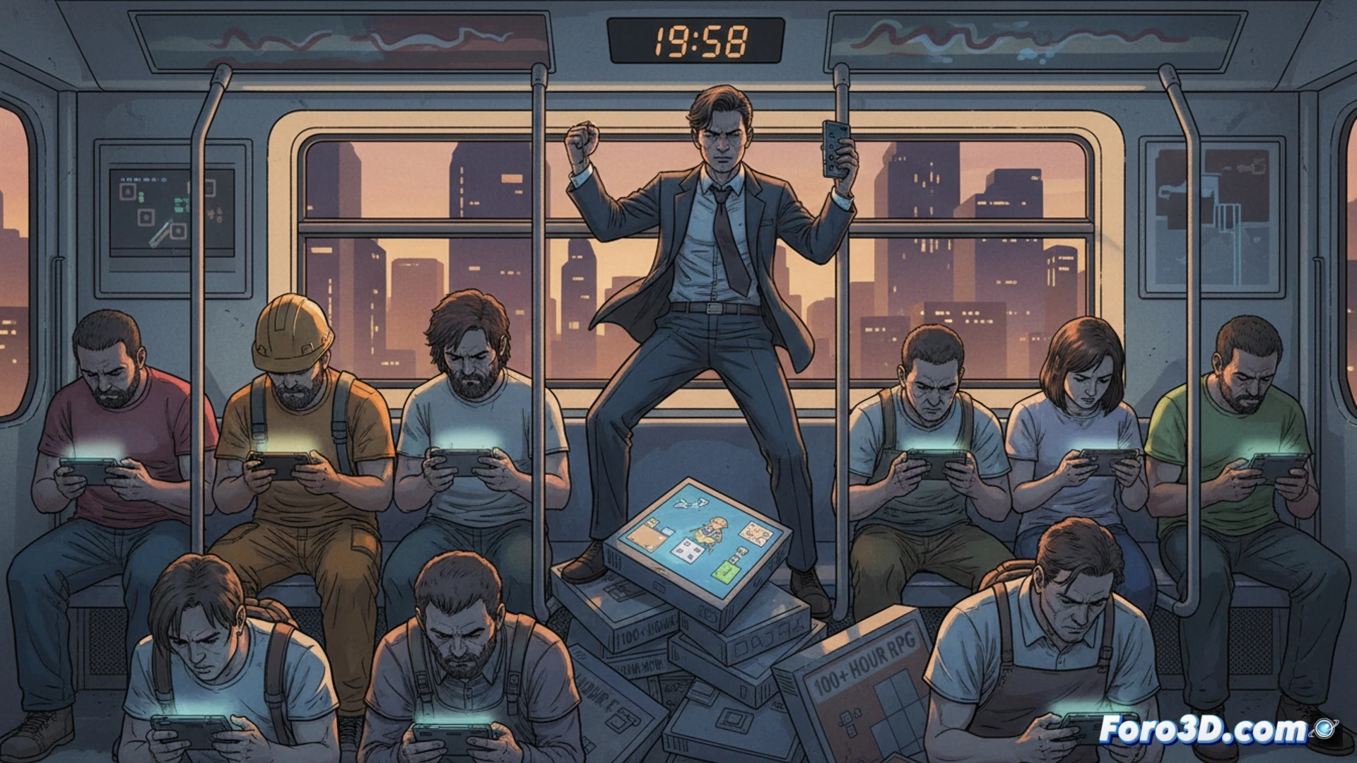 gamer sentado en un vagón de metro sosteniendo una consola portátil durante el trayecto, pantalla mostrando un menú de juego con indicador de progreso casi completo, reloj digital en la muñeca marcando 20 minutos, fondo borroso con asientos vacíos y luces fluorescentes, manos en acción presionando botones, expresión de satisfacción concentrada, estilo cinematográfico fotorrealista, iluminación fría azulada y cálida de la pantalla, texturas detalladas de plástico y tela, composición simétrica y técnica