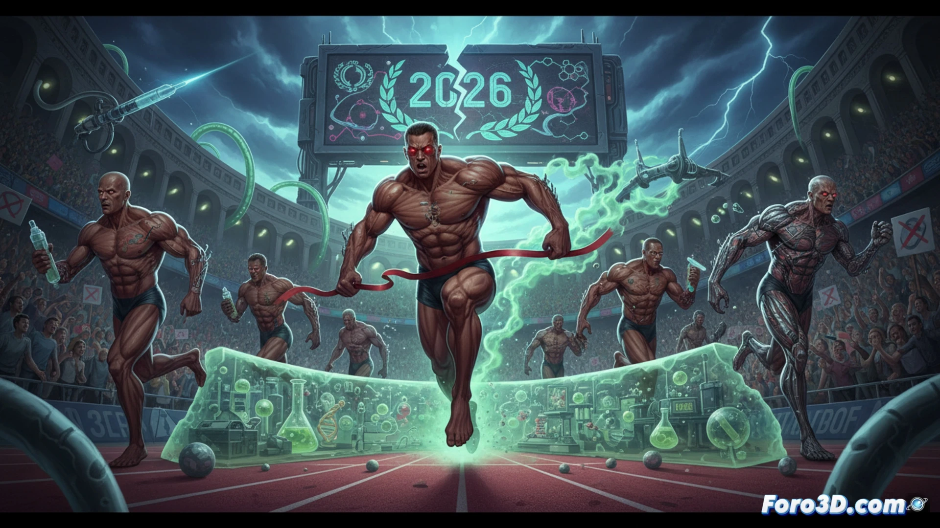 athlete mid-sprint on a futuristic track, glowing performance-enhancing nanotech patches visible on skin, syringe-like biomechanical injectors embedded in running shoes, translucent blood-doping device strapped to arm, real-time biometric data hologram floating overhead showing elevated red cell count, shattered anti-doping testing kit on the ground, cinematic sports visualization, dramatic stadium floodlights, sweat droplets frozen mid-air, hyperrealistic muscle definition, metallic exoskeleton support gear, motion blur on legs, high-contrast lighting, photorealistic technical render