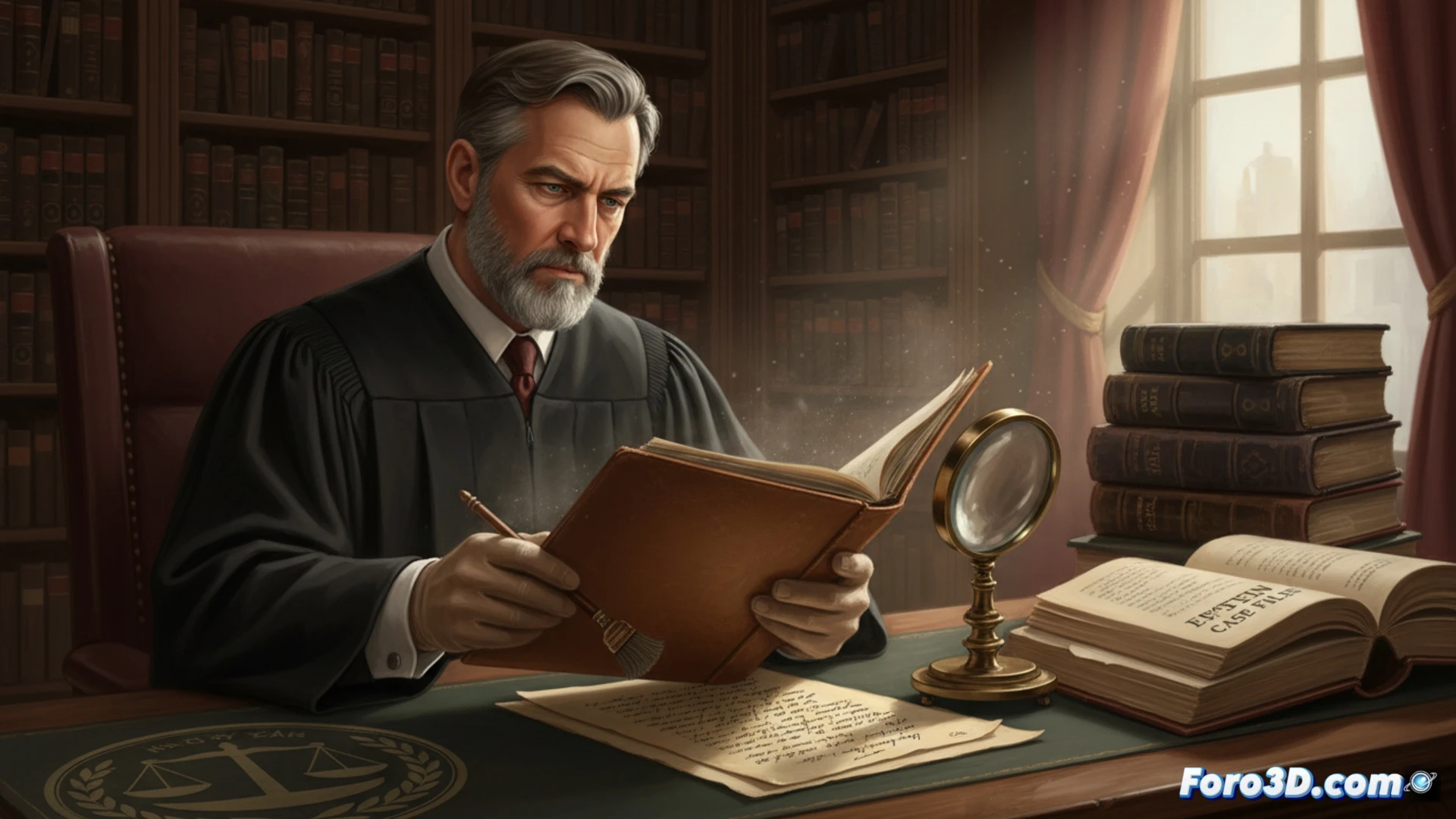 Un juez examina un documento antiguo con sello judicial, mientras una nota manuscrita de Epstein reposa sobre la mesa, iluminada por la luz de una lámpara.
