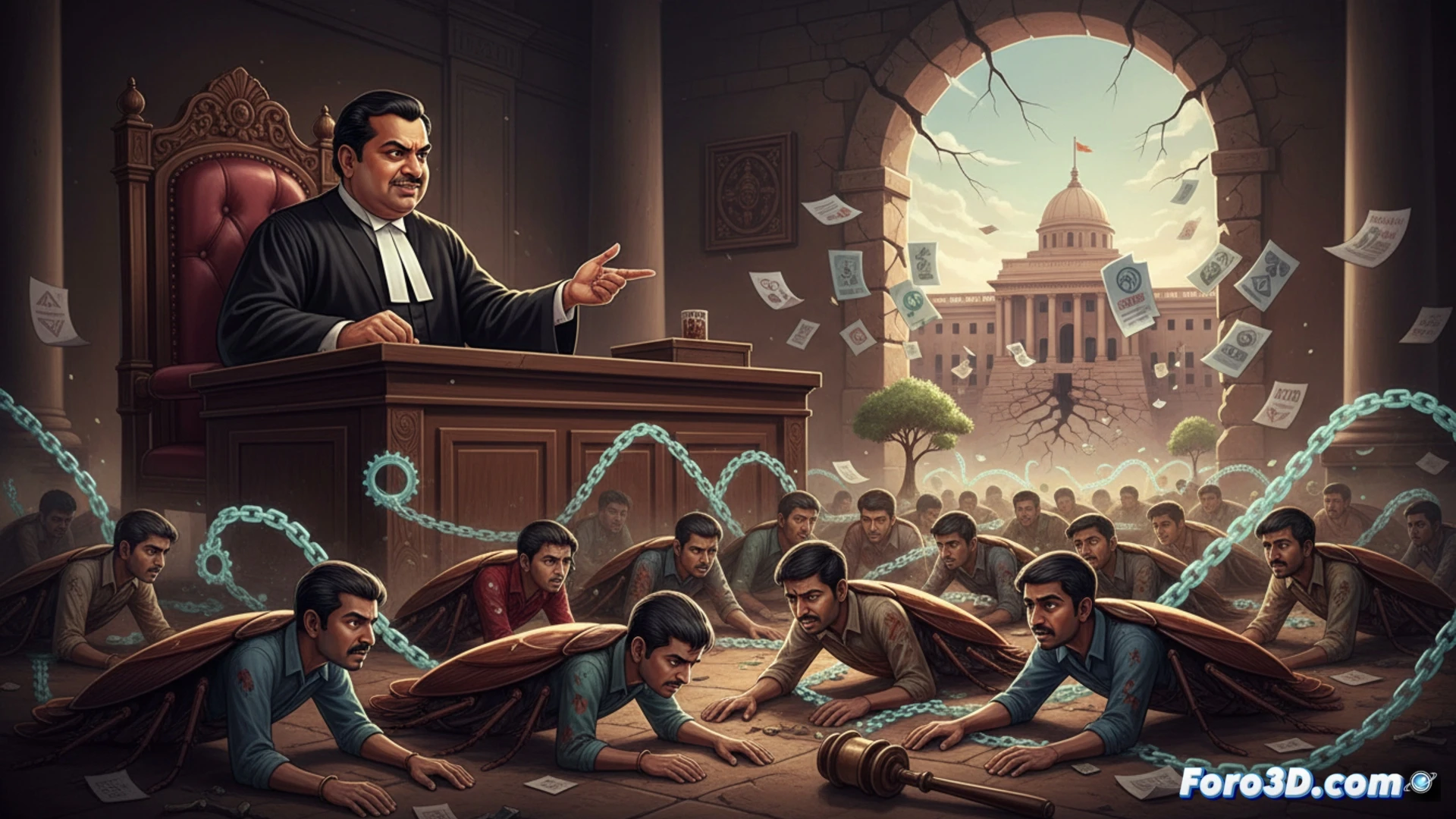 photorealistic scene of a judge in robes behind a wooden bench, pointing a gavel toward a crowd of faceless young people with downcast heads, their silhouettes blending into dark shadows, a broken gear and a rusted government seal on the floor, cockroach-like figures crawling from a cracked unemployment form, dramatic courtroom lighting with harsh shadows, cold blue and yellow tones, cinematic documentary style, ultra-detailed textures of wood and fabric, symbolic technical illustration of institutional failure