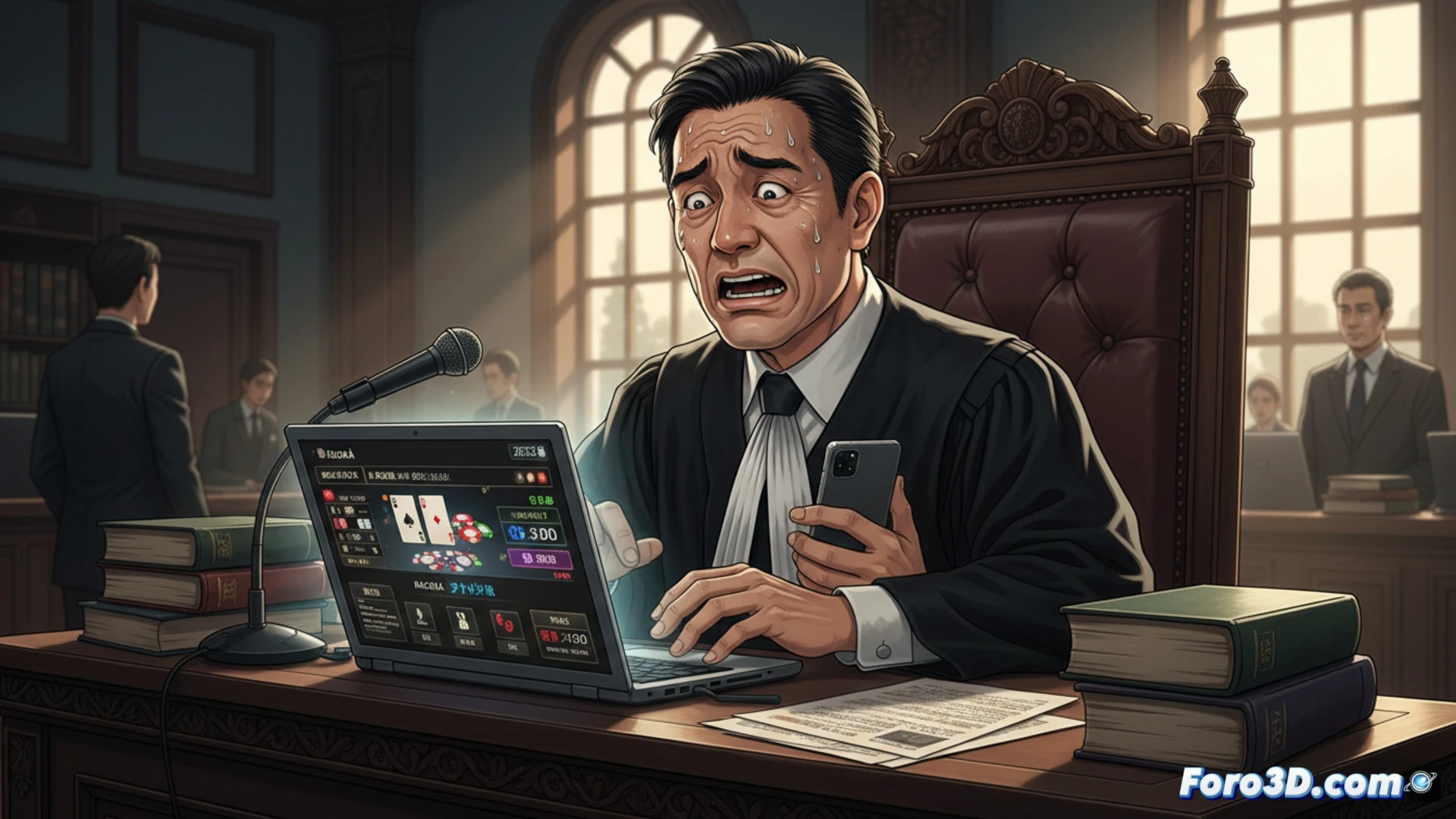 Un juez japonés con toga mira su teléfono en el tribunal, con fichas de bacará virtuales y monedas en la pantalla, reflejando su adicción al juego online.