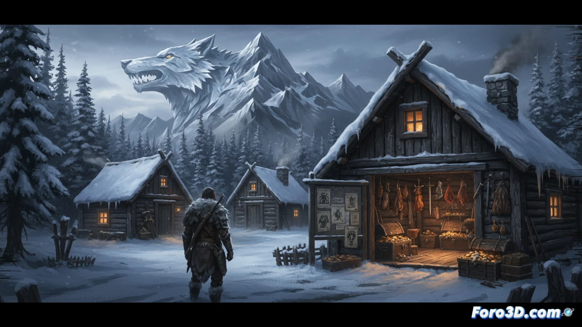 Descripción: Un jugador explora una aldea nevada con cabañas de madera y un tablón de anuncios, evocando a Colter de RDR2.