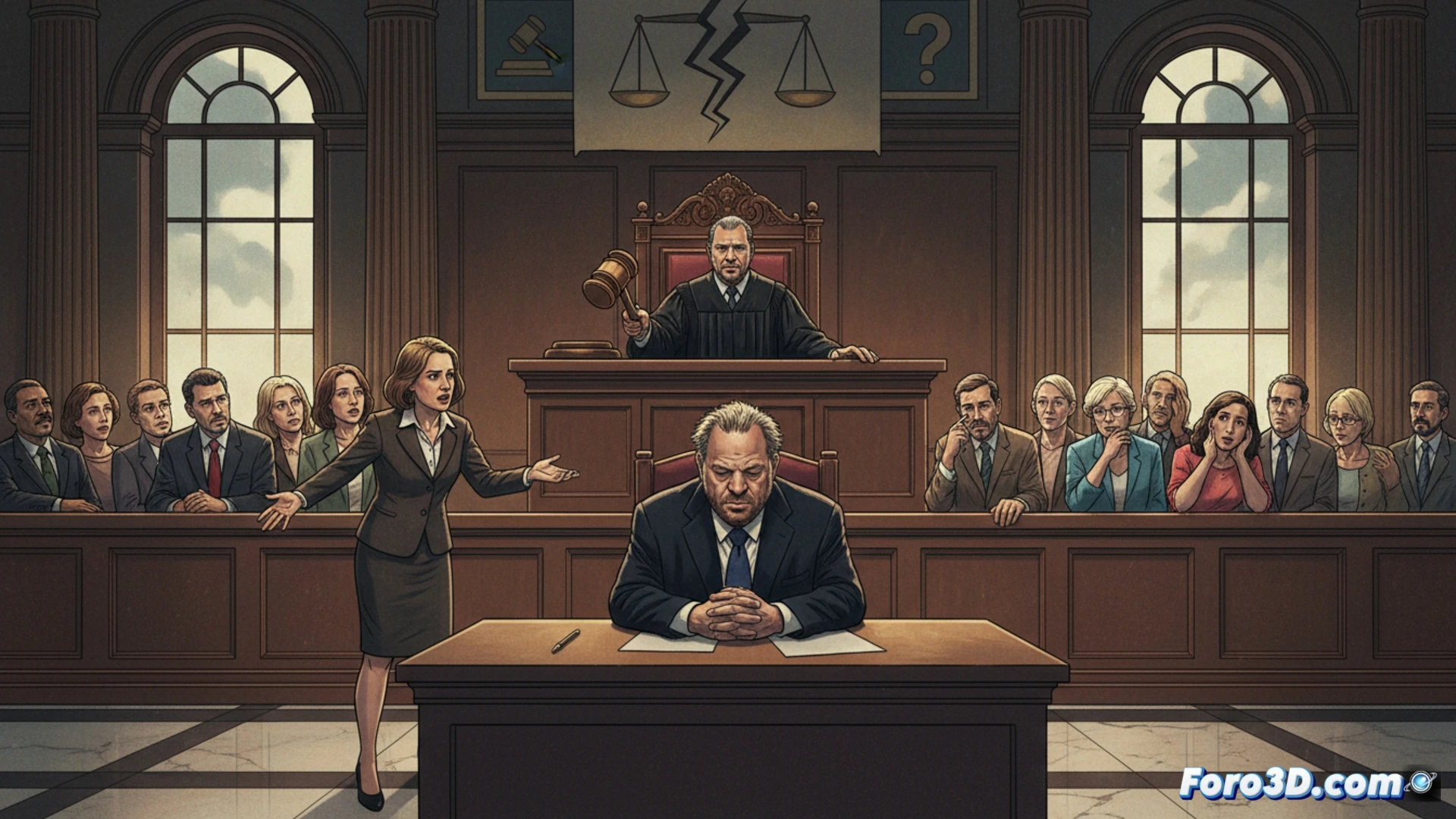 courtroom scene during a mistrial announcement, judge's gavel resting on wooden bench, empty jury box with scattered deliberation notes, Harvey Weinstein seated at defense table in dark suit, prosecutor gathering legal documents, forensic evidence folders and digital tablet on table, cinematic photorealistic style, dramatic overhead courtroom lighting, mahogany wood textures, deep shadows, solemn atmosphere, wide-angle lens perspective showing tension and legal process, technical legal visual with professional composition
