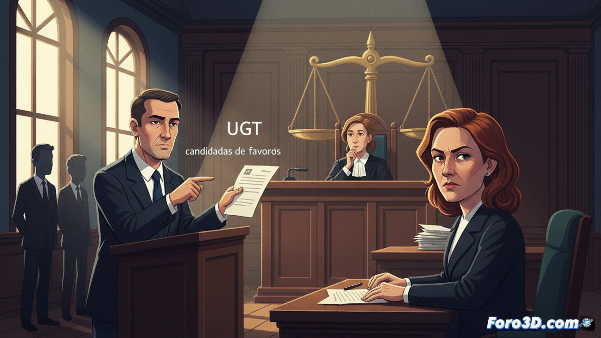 Three job interview tables arranged in a row, one table tilted showing hidden preselected candidate files beneath, a judge's gavel mid-strike over a port authority badge, glowing red flags attached to a hiring process flowchart on a computer screen, maritime shipping cranes visible through an office window, cinematic photorealistic style, dramatic shadows crossing documents, tense legal atmosphere, ultra-detailed wood grain and paper textures