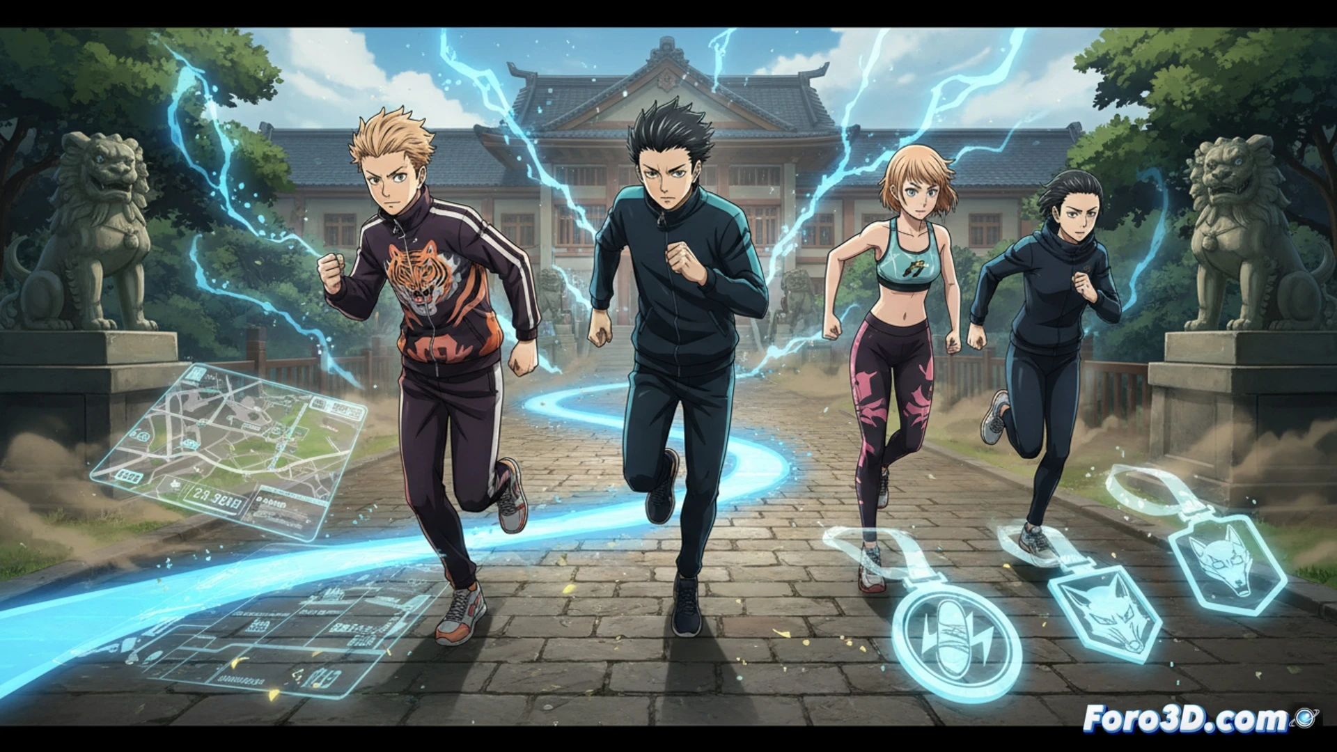 anime runner mid-stride on a dark virtual track, smartphone strapped to arm showing route map of Tokyo Jujutsu High, fitness app interface glowing on screen with distance progress, digital medallion animation hovering above phone, sweat droplets visible on skin, motion blur on legs and background trees, cinematic fitness visualization, dramatic sunset lighting, photorealistic technical render, action demonstrating real-time workout tracking