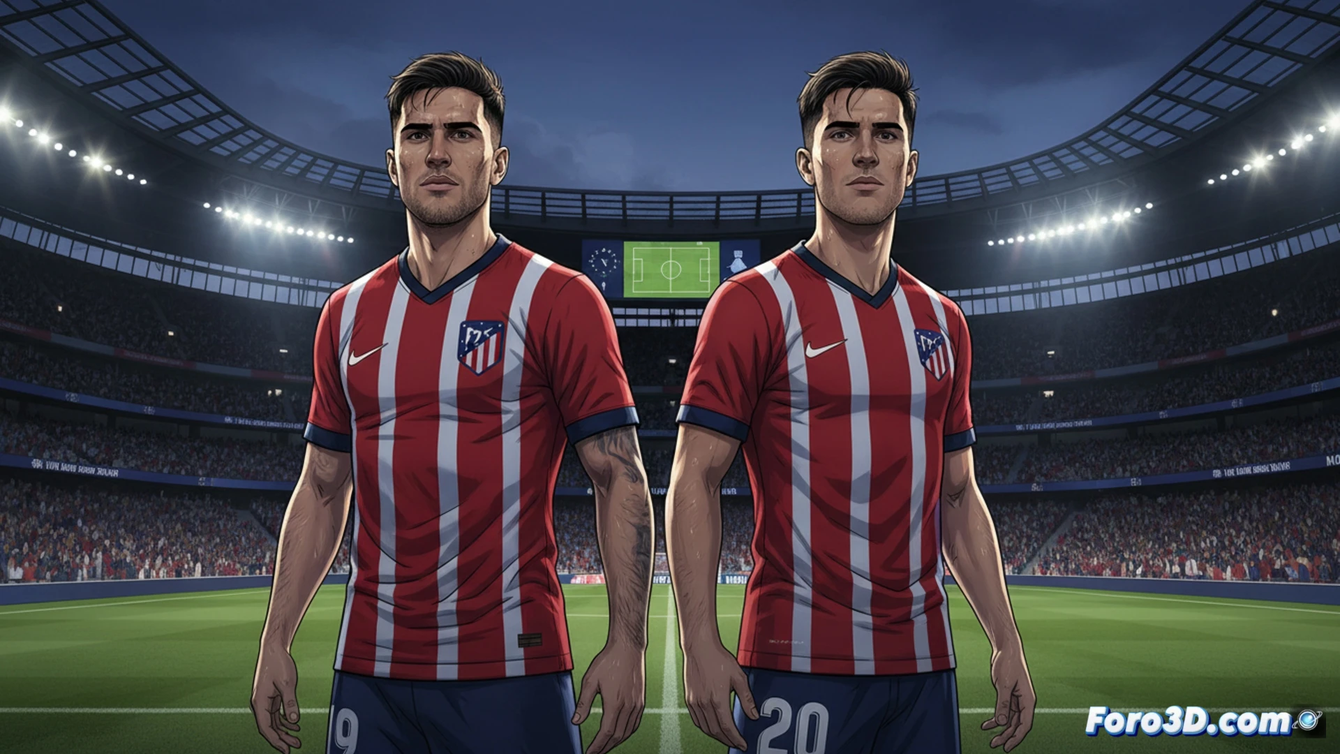 Dos futbolistas en acción, uno con la camiseta rojiblanca del Atlético de Madrid y el otro listo para el duelo, bajo un cielo londinense con el estadio Emirates de fondo.