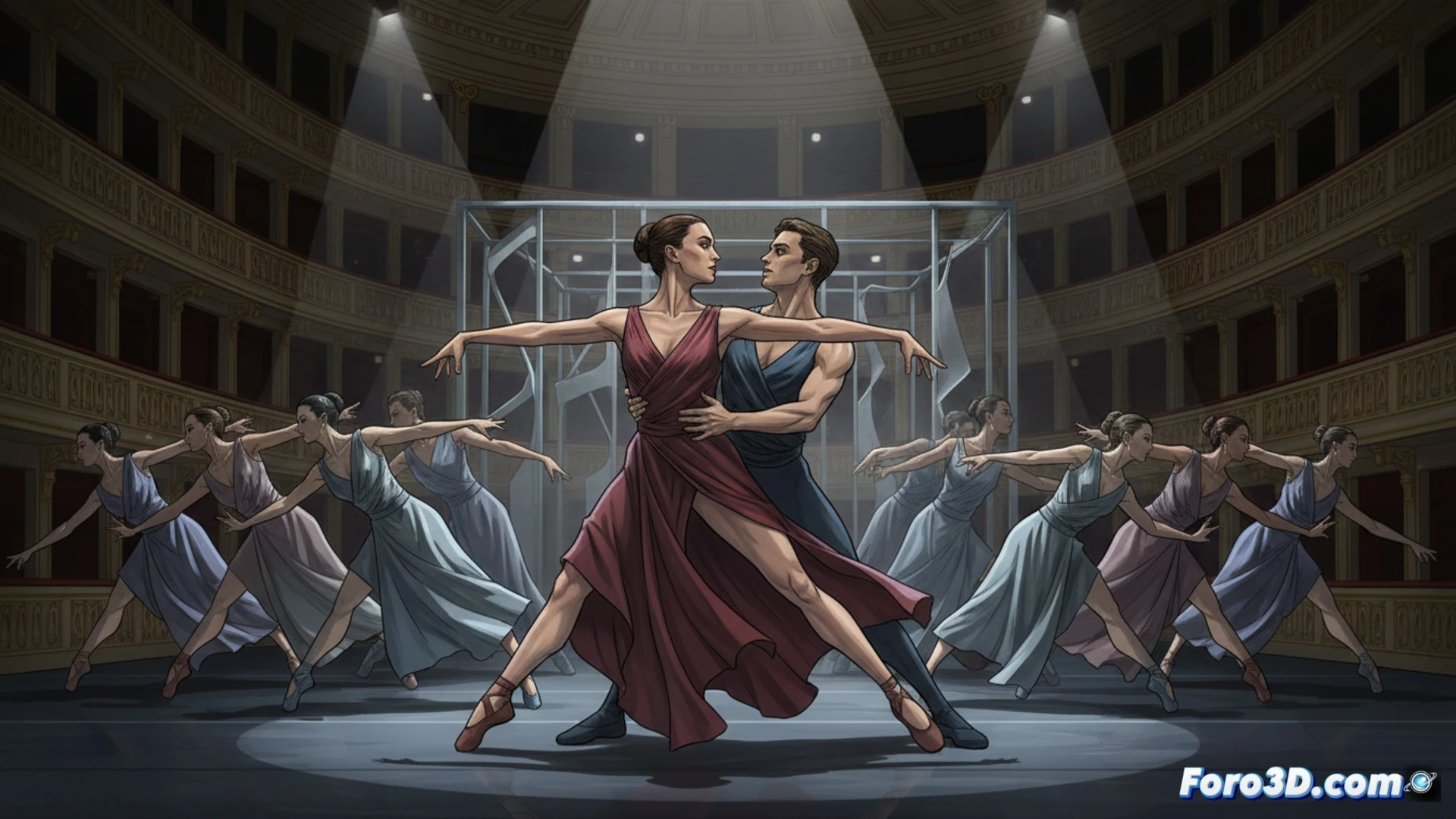 DESCRIPCIÓN: Dos bailarines en tenso abrazo, ella con falda roja y mirada firme, él con torso desnudo, sobre fondo oscuro teatral.