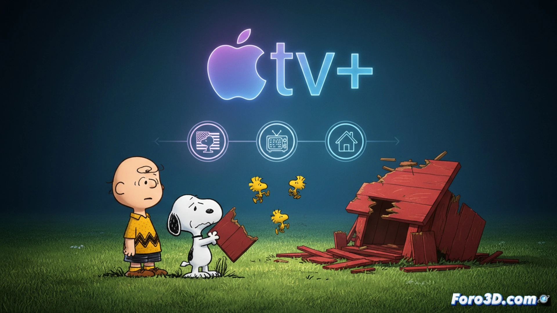 animated Peanuts characters in a mid-century modern living room, Snoopy balancing on his doghouse while Charlie Brown holds a blueprint of a city skyline, Woodstock flying overhead with a tiny magnifying glass, scattered drawing tools and a vintage Apple TV+ streaming interface glowing on a retro TV set, cinematic technical illustration style, warm nostalgic lighting, soft shadows, detailed textures on wood grain and fabric, photorealistic render with subtle cartoon shading accents, dynamic action poses demonstrating discovery and problem-solving