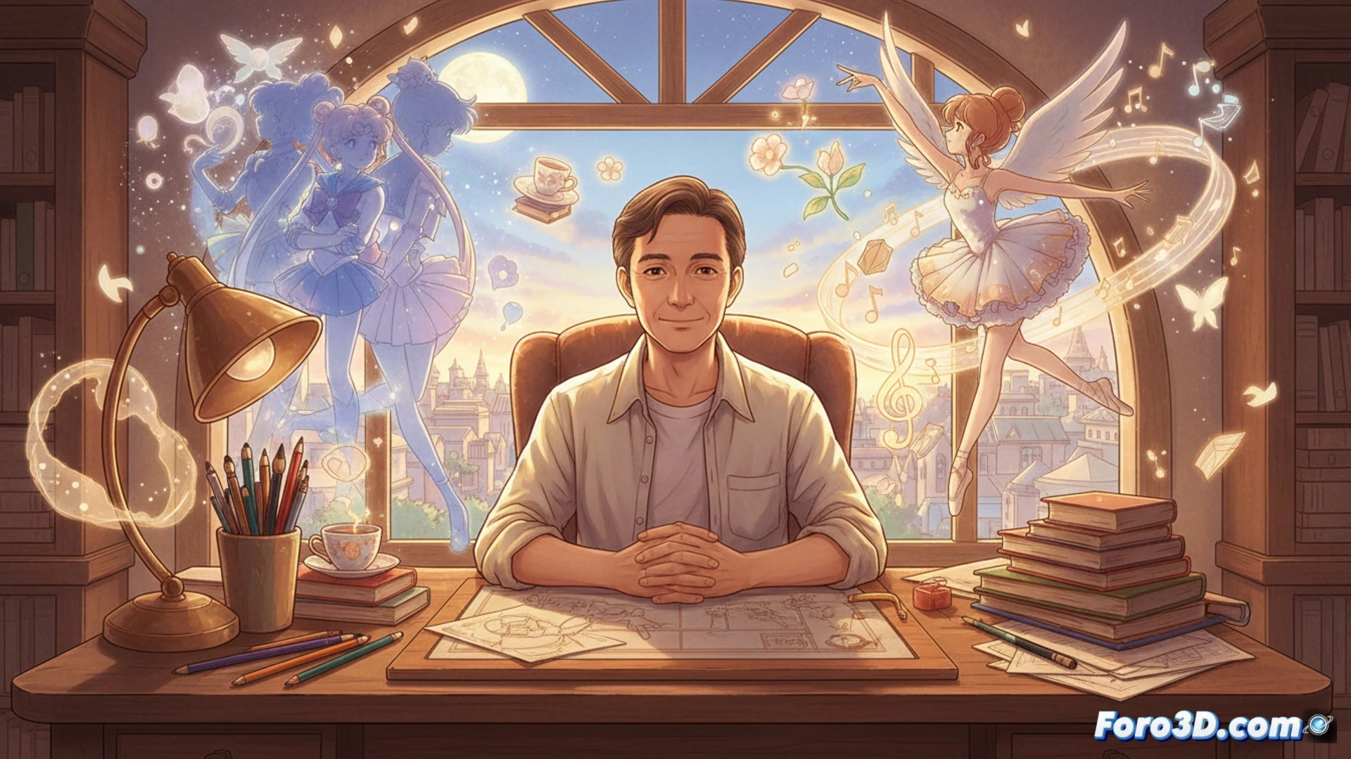Junichi Sato sentado en un estudio de anime, rodeado de bocetos de Sailor Moon y Princess Tutu, con luz cálida que evoca magia cotidiana.
