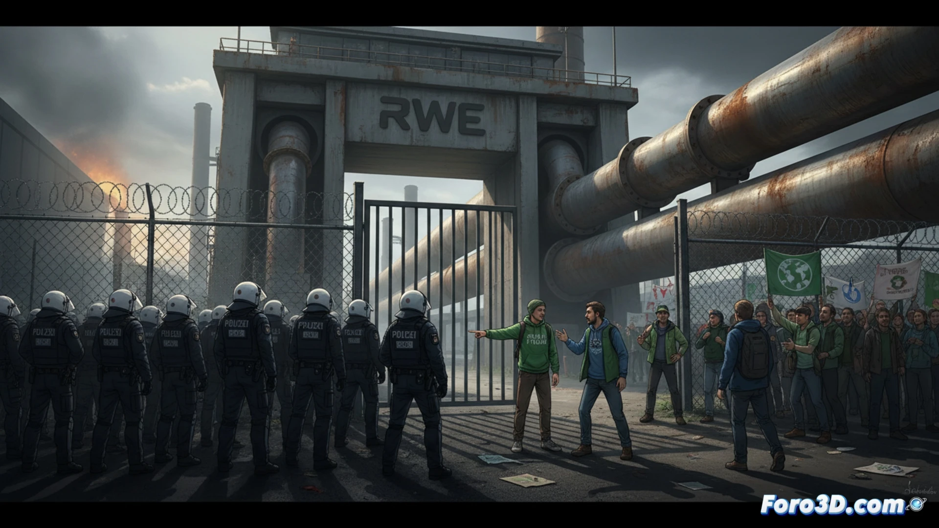industrial gas pipeline entrance gate, metal fence with warning signs, protesters carrying green banners and climate signs approaching the barrier, police officers in high-visibility vests blocking access, courtroom seal graphic overlaying the scene symbolizing judicial order, large RWE power plant cooling towers in background, cloudy sky, dramatic tension between activists and authorities, cinematic photorealistic technical illustration, realistic textures on concrete and steel, wide-angle shot capturing crowd movement and police formation, sharp focus on legal prohibition notice on gate