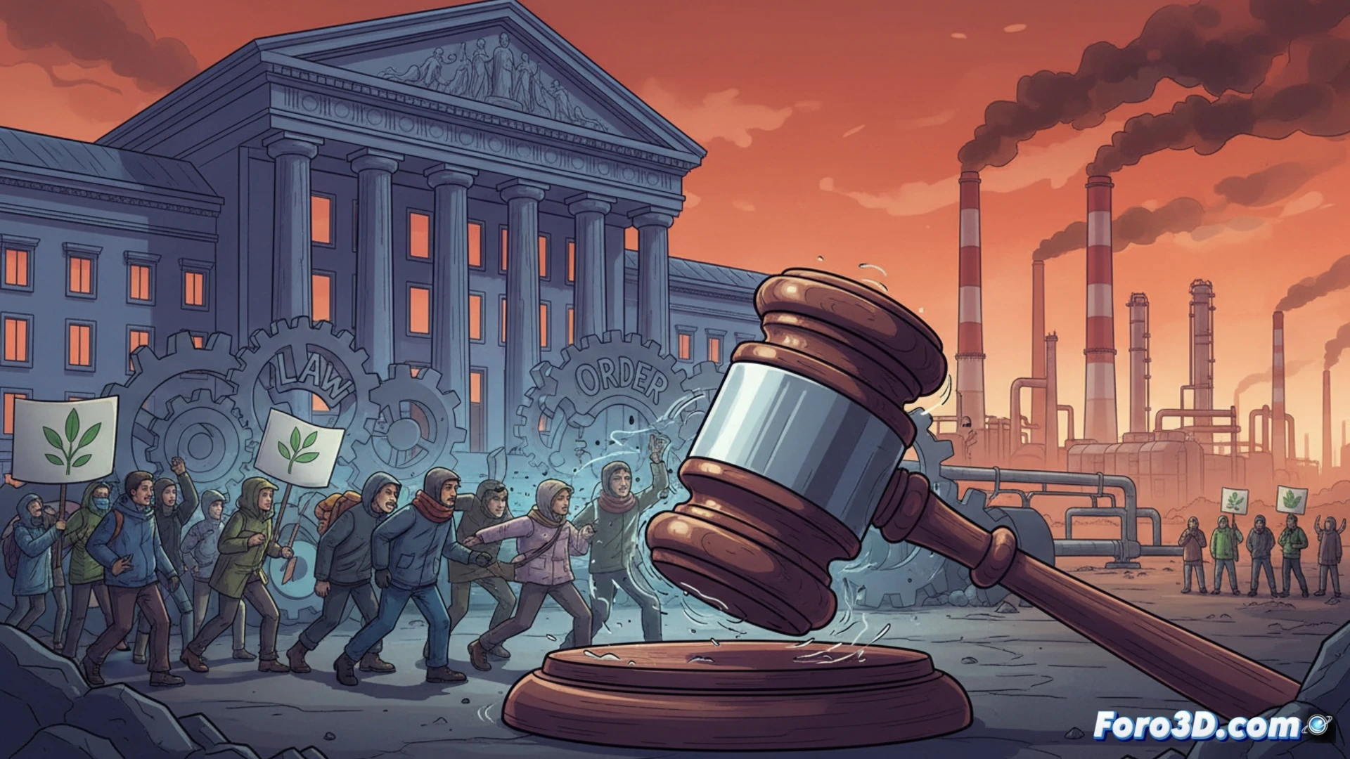 photorealistic cinematic scene showing a German police officer redirecting climate protesters away from a natural gas pipeline construction site, protesters holding signs and banners walking toward a distant industrial zone with cooling towers and smokestacks, a judge's gavel partially visible in foreground shadow, motion blur on moving protesters, cold blue-gray lighting with orange warning lights on construction vehicles, high-contrast dramatic shadows, ultra-detailed textures on concrete barriers and safety helmets, engineering visualization style, wide-angle lens perspective emphasizing spatial displacement