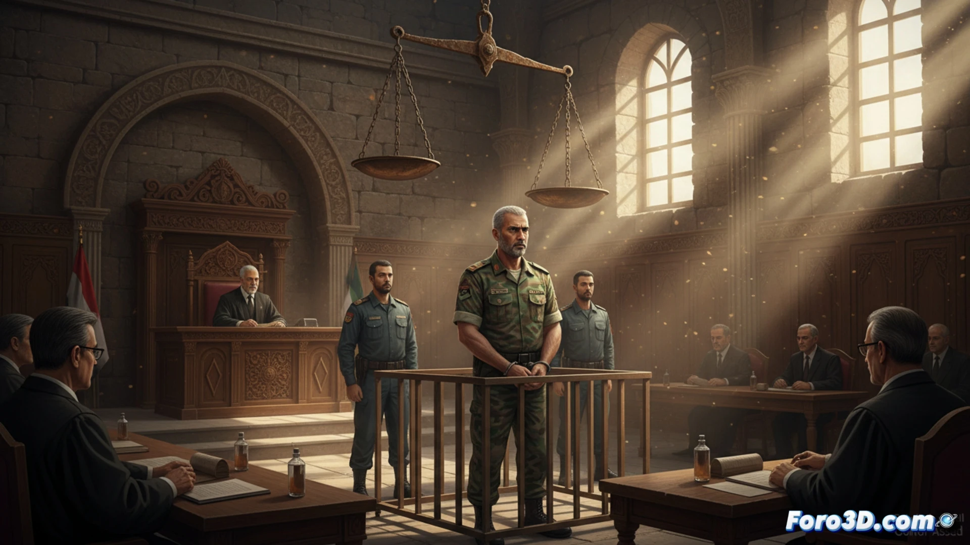 Una sala de tribunal en Damasco, con un juez de pie ante un estrado. Atef Najib, primo de Assad, sentado esposado, custodiado por guardias. Al fondo, retratos oficiales caídos.