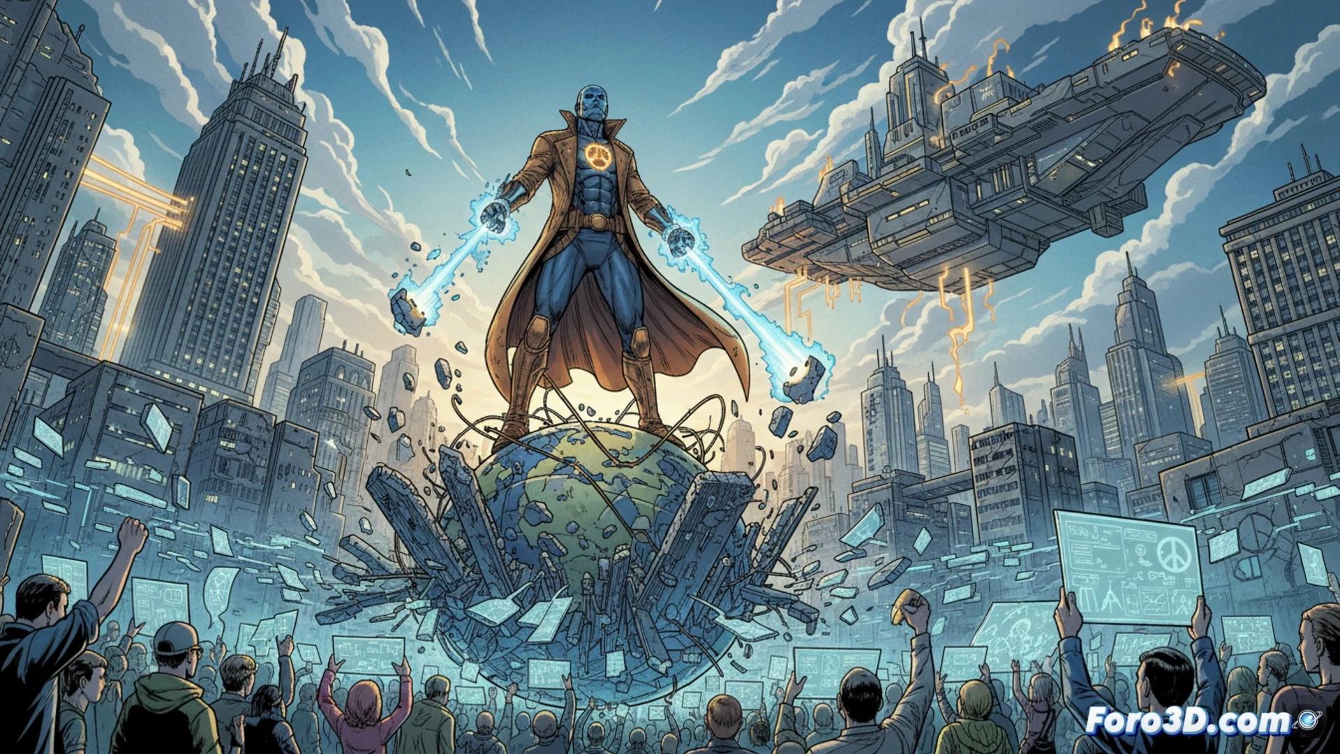 Viñeta widescreen de The Authority con superhéroes imponiendo justicia global sobre paisaje urbano futurista