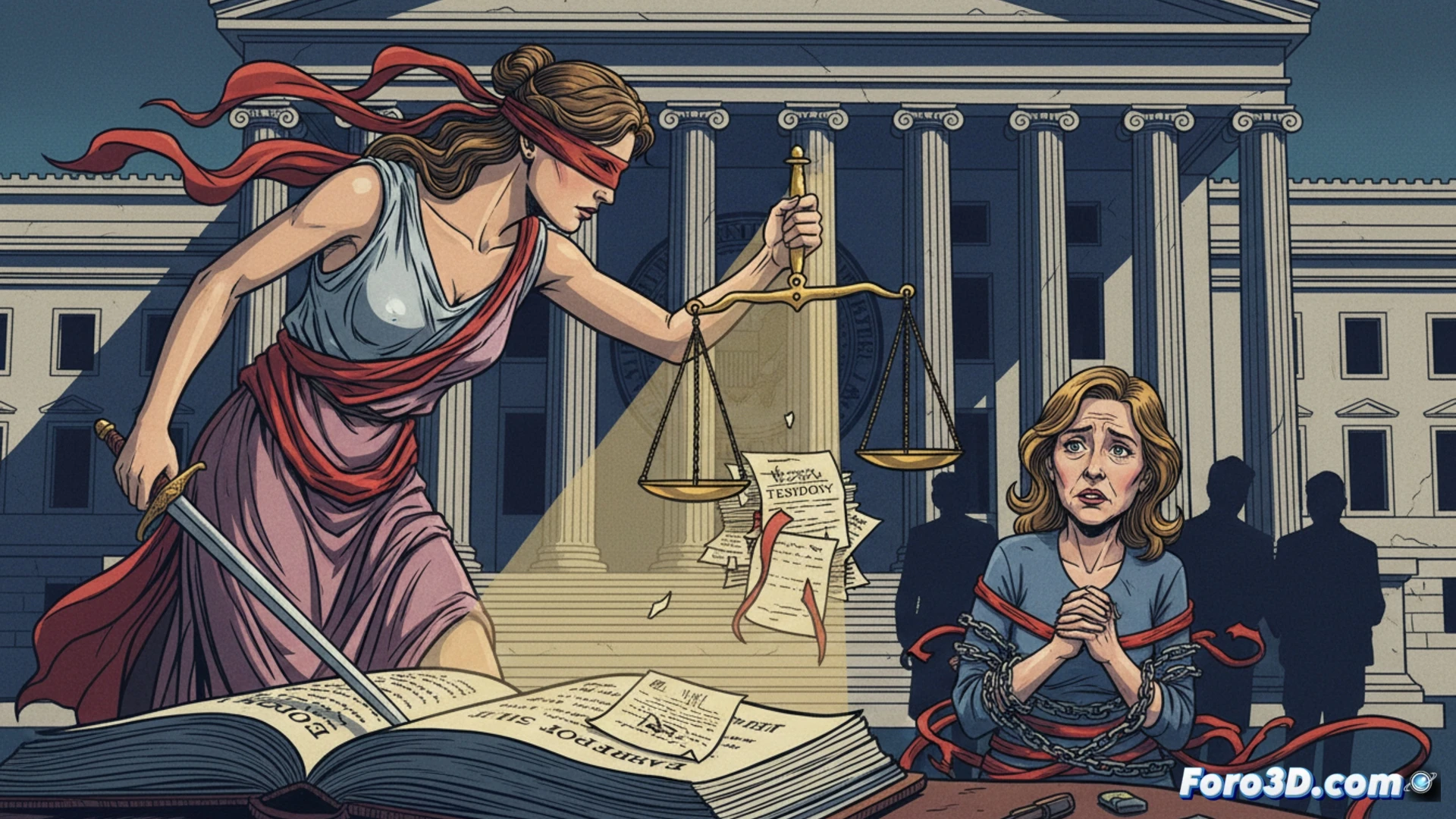 Federal courtroom interior, Department of Justice seal on wall, E. Jean Carroll raising her right hand while swearing on a Bible, judge's gavel mid-strike on wooden block, legal documents marked perjury investigation scattered on desk, FBI agent holding a magnifying glass over a deposition transcript, glowing red false statement indicators on paper, cinematic photorealistic style, dramatic chiaroscuro lighting from venetian blinds, tense courtroom atmosphere, shallow depth of field focusing on the oath-taking hand, ultra-detailed wood grain and fabric textures, forensic evidence markers on desk, motion blur on gavel swing, technical legal visualization