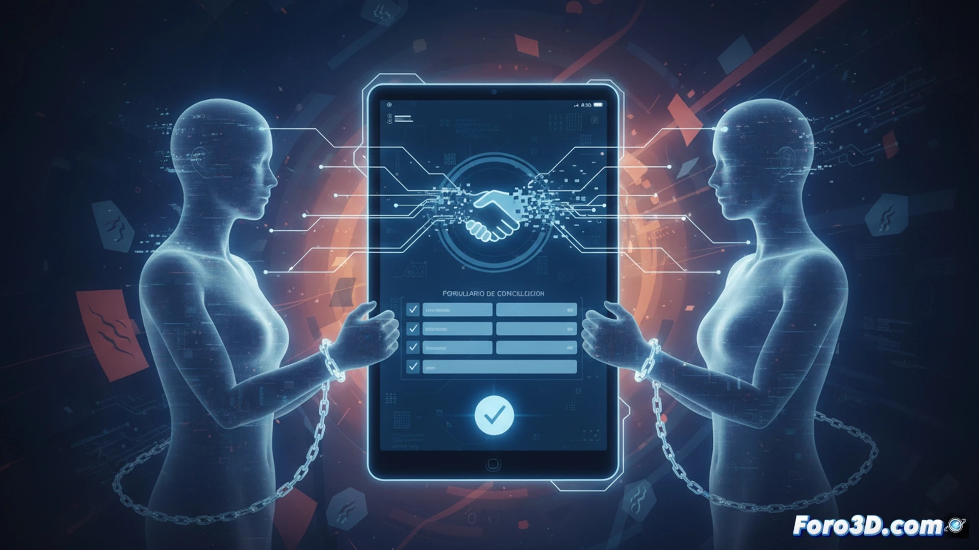 Digital interface showing two abstract human silhouettes separated by a glowing screen, one silhouette reaching out with a pixelated hand while the other remains still and distant, a cold blue algorithmic path replacing the warm organic connection between them, technical elements include a flat digital form floating mid-air with a forgive button, no facial expressions visible, sterile white background, cinematic photorealistic render, harsh fluorescent lighting casting sharp shadows, minimalist tech aesthetics, cold metallic surfaces, emotional void emphasized by empty space, ultra-detailed screen reflections, realistic glass texture