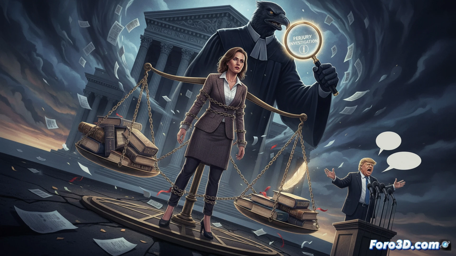 courtroom security camera perspective, judge gavel mid-swing frozen in motion, female witness in protective vest being handcuffed by two officers while her legal papers scatter on floor, Donald Trump’s silhouette in background smiling behind glass partition, broken scales of justice on desk with one pan crushed, forensic perjury report glowing red on computer monitor, cinematic technical illustration, photorealistic courtroom lighting, dramatic chiaroscuro shadows, security camera timestamp overlay effect, polished wooden textures, surveillance lens distortion, wide-angle lens perspective, hyperdetailed evidence documents