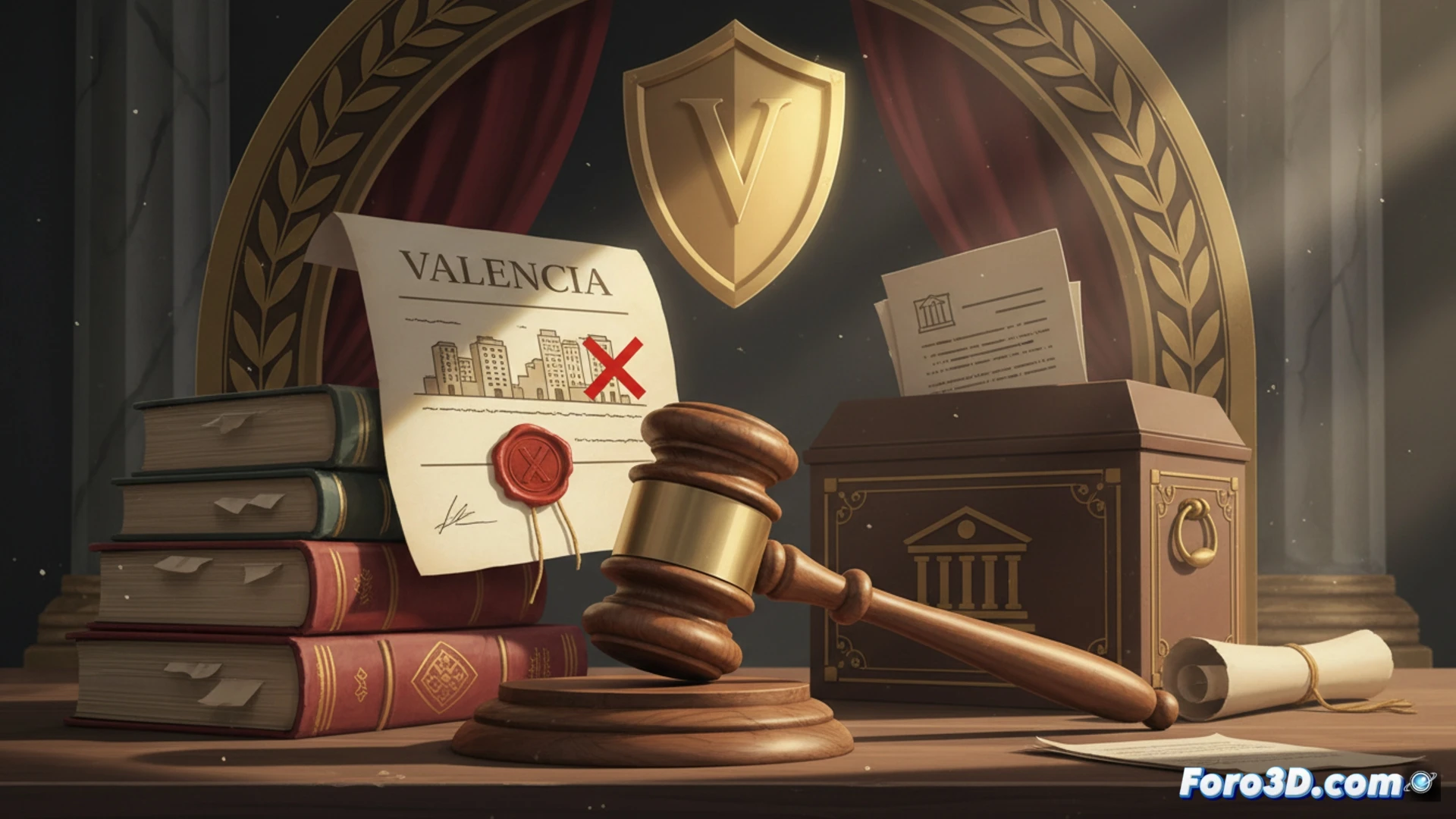 photorealistic wide shot of a spanish municipal office, a judge stamping a legal document with a red seal, a rejected building permit file with a red cross stamp on top, a foreign investor in a suit looking disappointed while holding a hotel blueprint, a city council lawyer calmly explaining urban planning regulations, technical architectural blueprints of apartments unrolled on a wooden table, glossy marble floor reflecting fluorescent ceiling lights, warm natural light from a window illuminating the desk, cinematic depth of field, crisp shadows, official administrative atmosphere, hyperdetailed textures of paper and wood