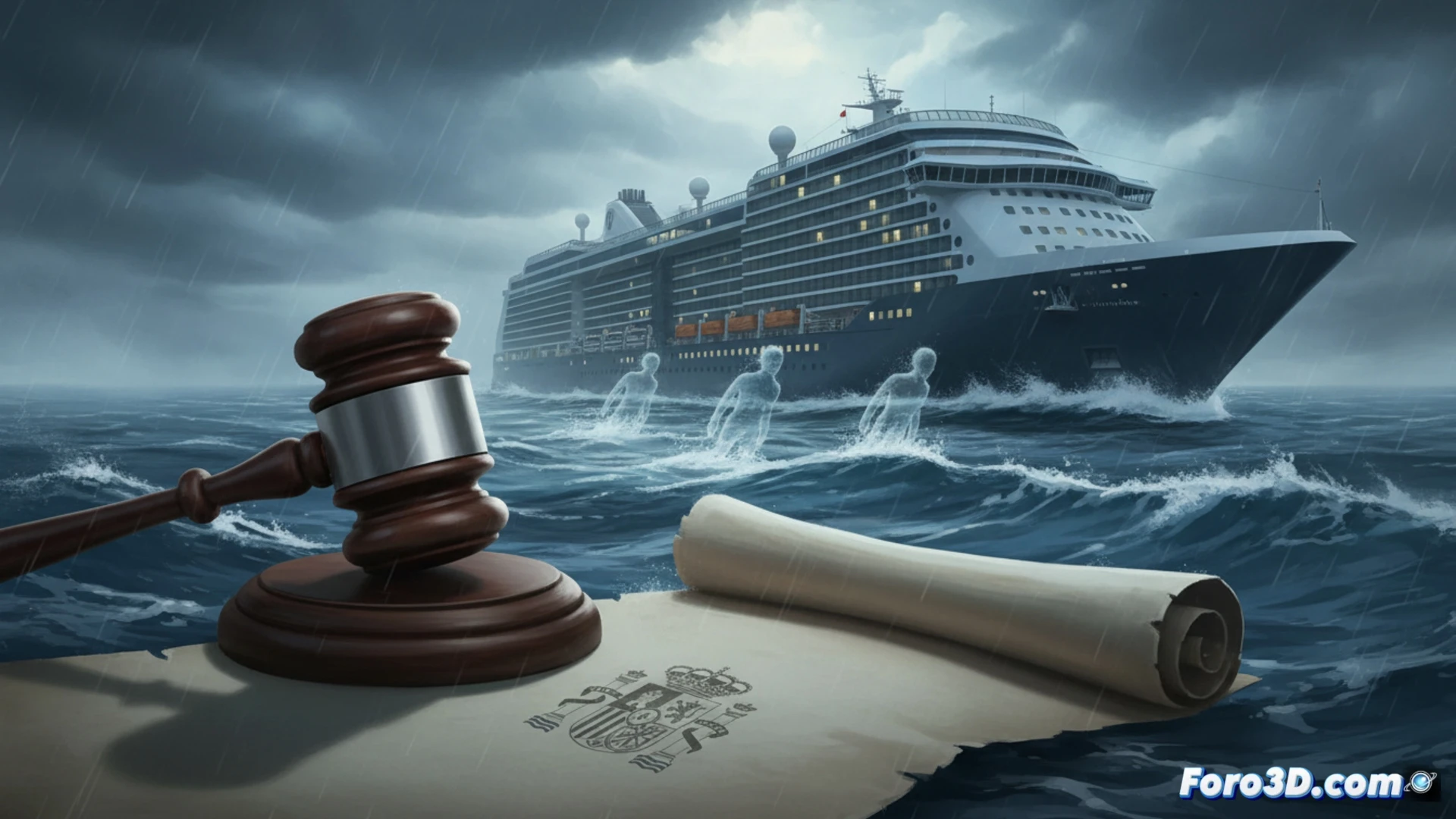 Un crucero varado en puerto bajo cielo gris, con barreras sanitarias y pasajeros en cubierta usando mascarillas.