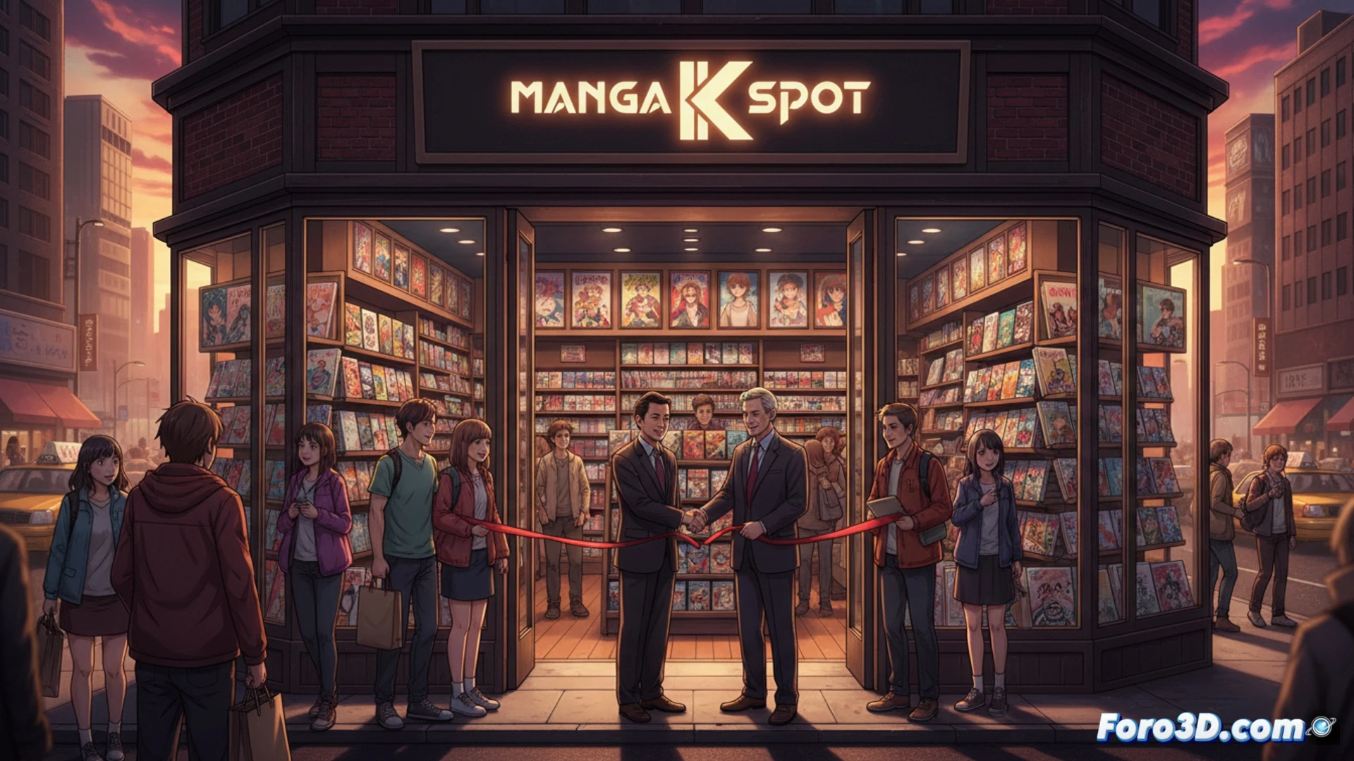 Un almacén con estantes repletos de mangas y figuras anime, clientes hojeando tomos junto a carteles de Kadokawa y Manga Spot.