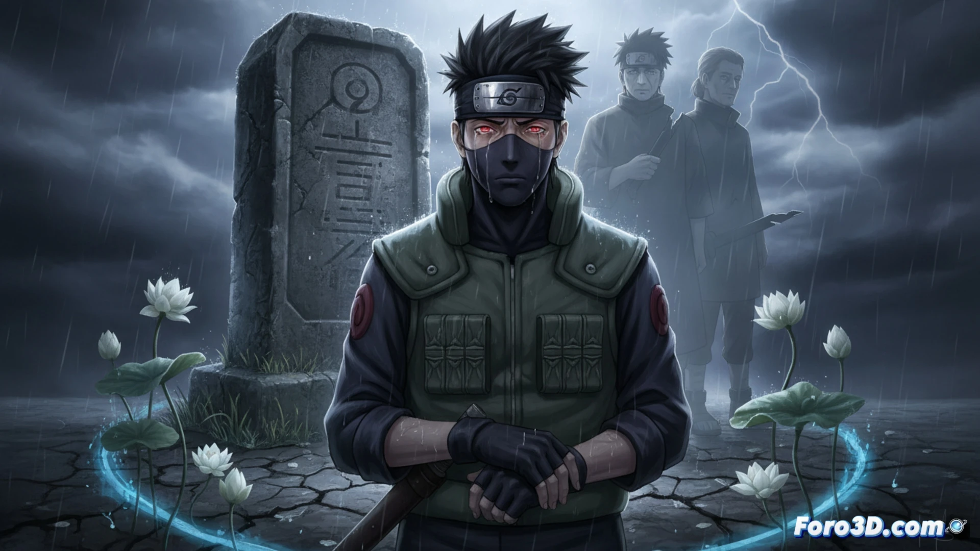 Kakashi Hatake, de pie bajo la lluvia, con la mirada perdida y el Sharingan oculto, sosteniendo un ramo de flores frente a la lápida de Obito.