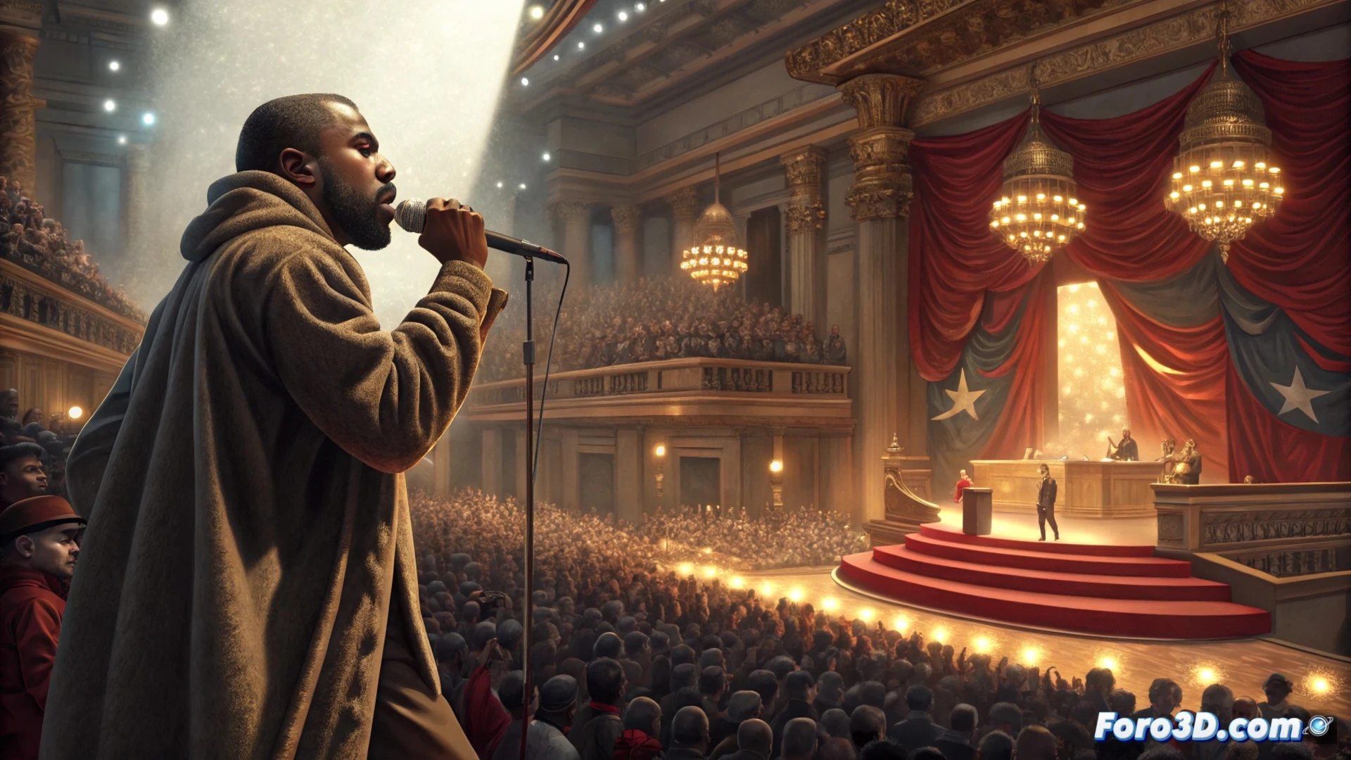 Kanye West en el escenario del Metropolitano, con un fondo de esvásticas difuminadas y banderas españolas; al fondo, un mapa de Europa con países vetados en rojo y España en verde, mientras un micrófono yace en el suelo roto.
