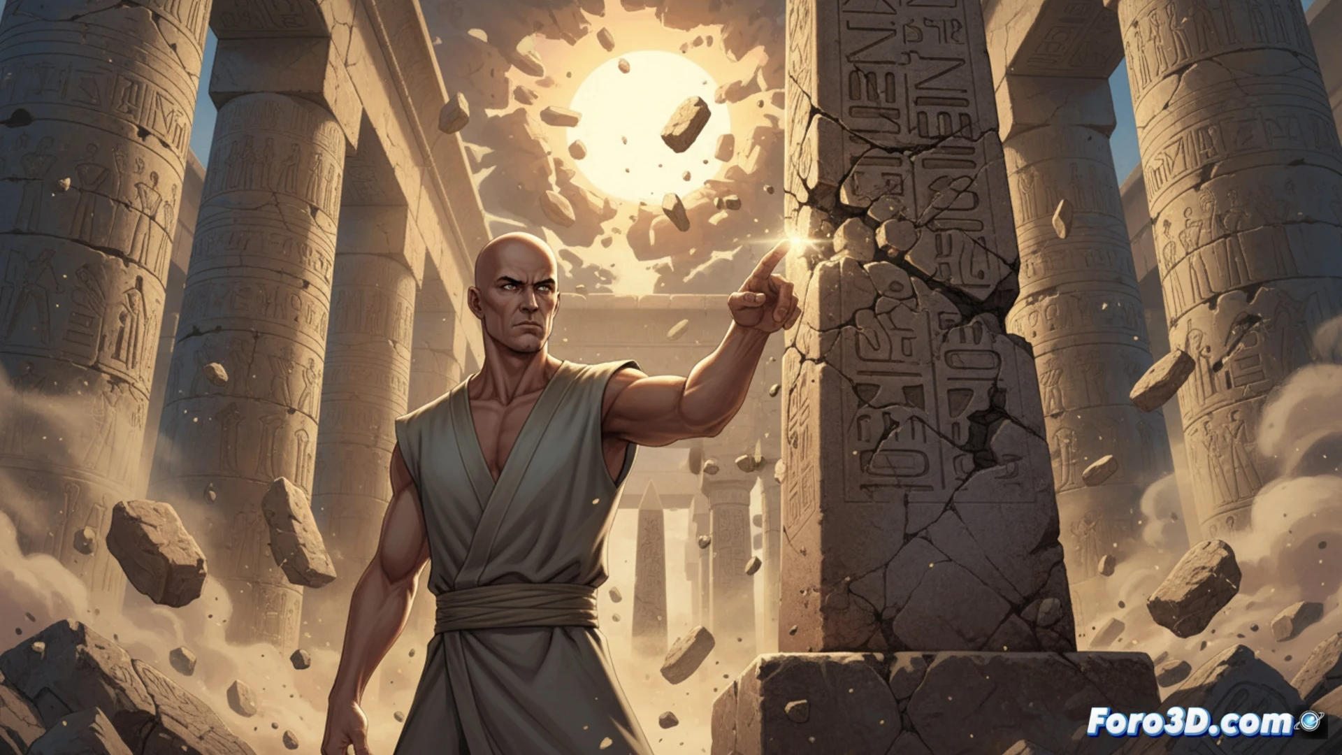 Karnak, Inhumano sin Terrigénesis, señala con un dedo una grieta en una columna de piedra; con mirada serena, la estructura se desmorona a su alrededor.