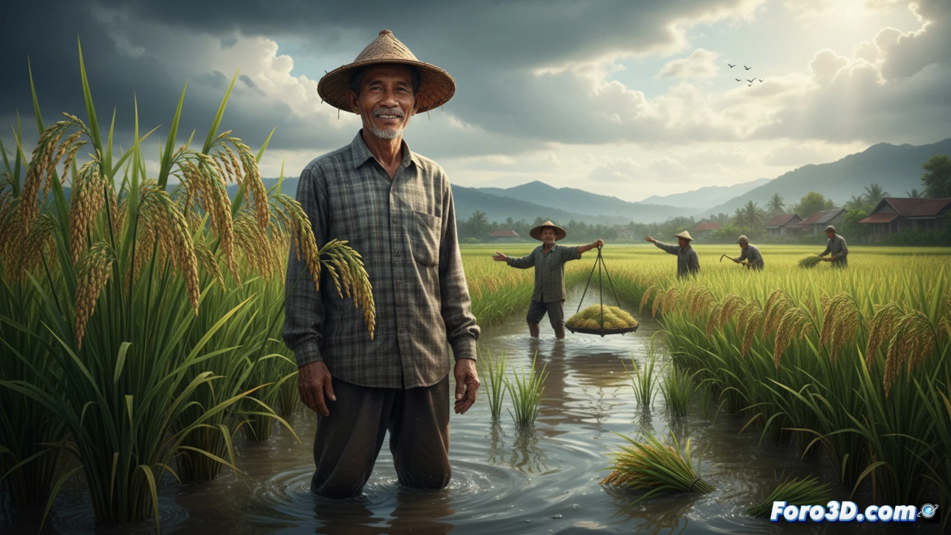 Indonesian farmer Kasno standing in flooded green rice field, holding ripe golden rice stalks, comparing two crop sections: one shorter flood-damaged side and one taller healthy side, demonstrating yield increase from six to nine tons per hectare, manual harvesting tools on muddy ground, wide-angle agricultural scene, overcast sky with rain clouds, waterlogged soil, lush tropical vegetation background, photorealistic documentary style, dramatic natural lighting, high detail on rice grains and water reflections, realistic rural Indonesia setting