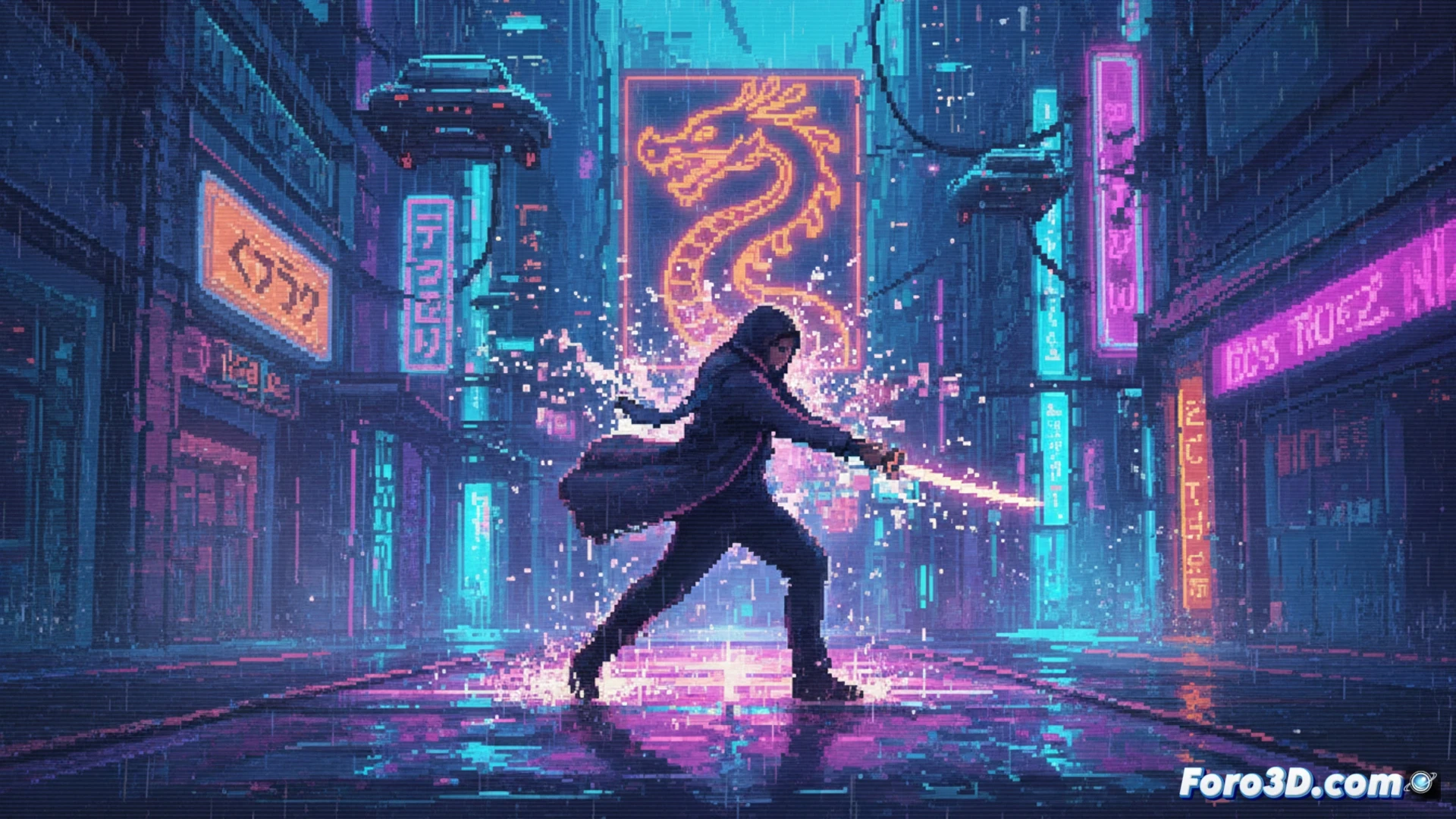 Pixel art de Katana ZERO con neón y distorsión VHS en GameMaker Studio 2