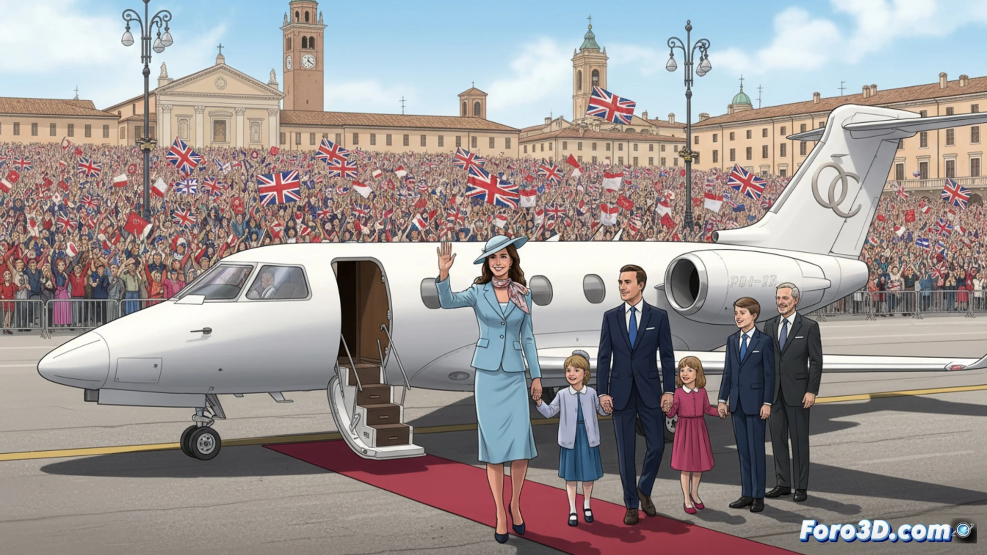 Kate Middleton en Reggio Emilia, multitud con banderas británicas y sombreros en la plaza Prampolini.