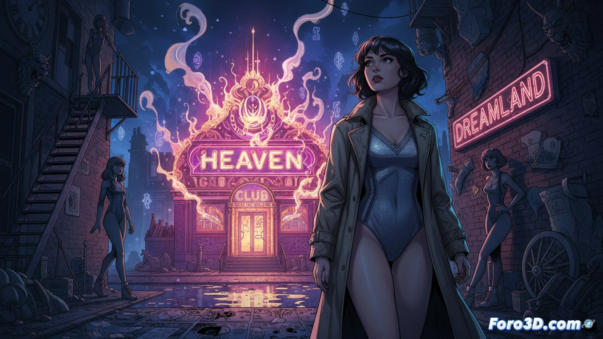 four young women in 1970s pastel clothing peering through a glowing neon club entrance that flickers between solid and translucent, ex-gymnast Dolly mid-pose stretching on a fire escape overlooking the vanishing marquee, cinematic comic-book style, flat cel-shading with halftone dots, retro color palette of hot pink, teal, and magenta, dynamic diagonal composition, mysterious fog rolling across a wet city street at night, vintage cars parked in background, dramatic shadows from streetlamps, action of discovery and disappearance, graphic novel aesthetic