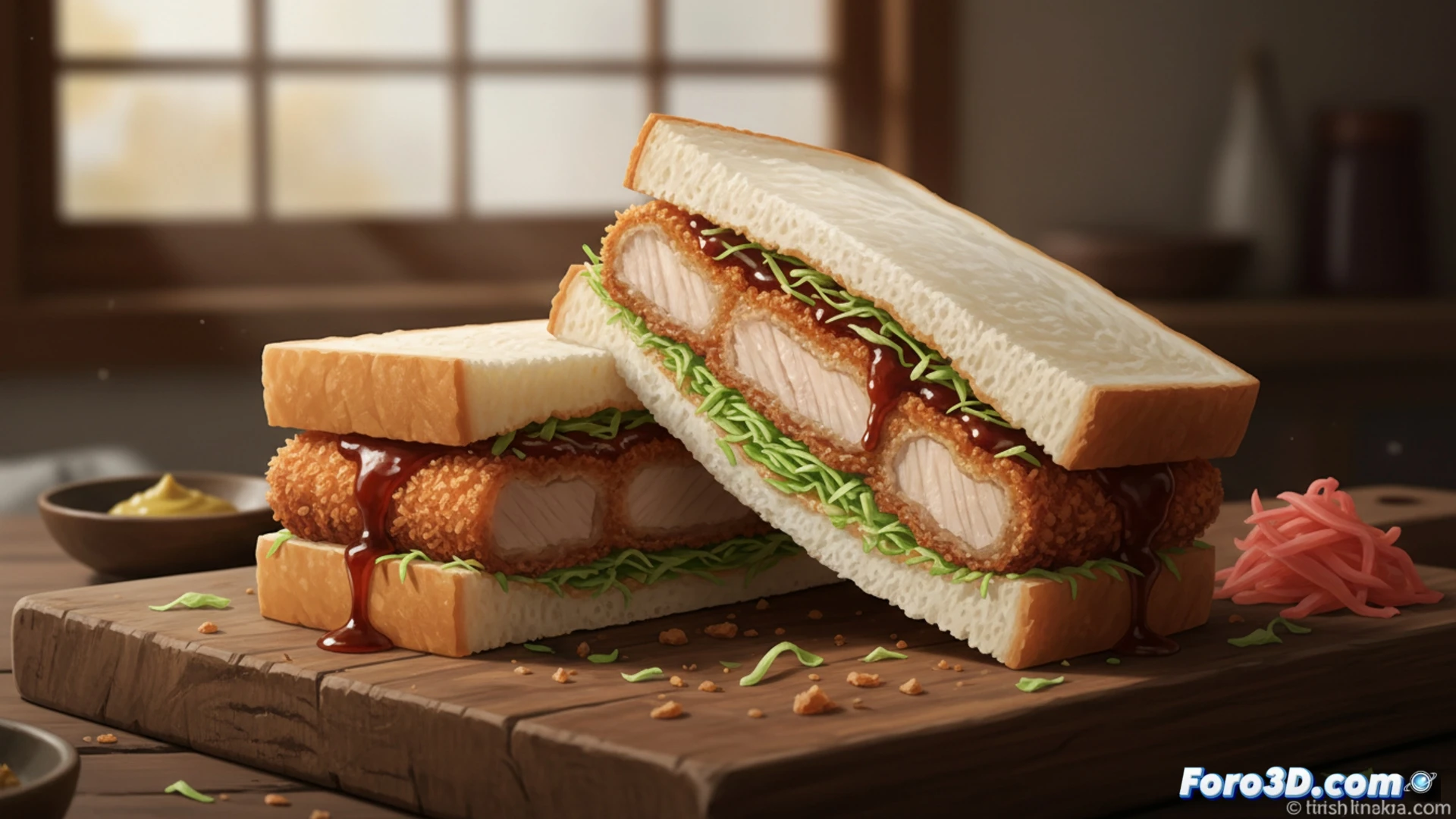 Sándwich japonés katsu: corteza dorada crujiente de cerdo empanado, pan de leche suave y col rallada, equilibrio perfecto de texturas.