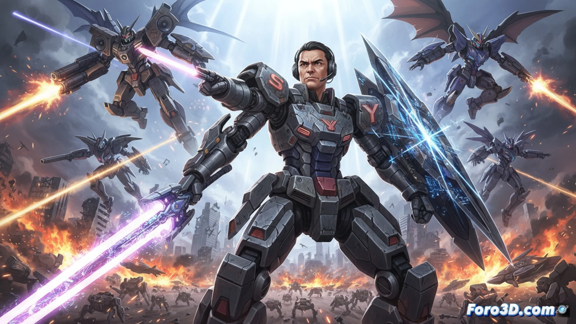 Katsumi Ono dirige un mecha azul y rojo, con rayos y engranajes, frente a un rival gigante en llamas.